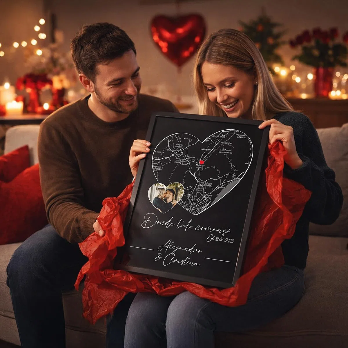 Póster personalizado pareja Corazón Donde todo comenzó, Lugar de encuentro, fecha de encuentro, foto y texto personalizable, regalo Hombre Mujer, San Valentín, Enamorados, Regalo pareja