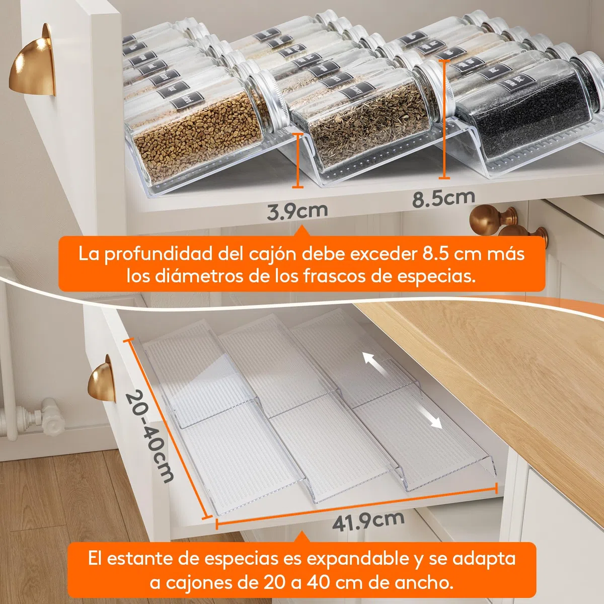 Lifewit Organizador Especias Cajon Especieros para Cocina, organizador de tarros de 24 condimentos para almacenamiento de cocina, encimera, armario, estante, 3 niveles, juego de 6, transparente