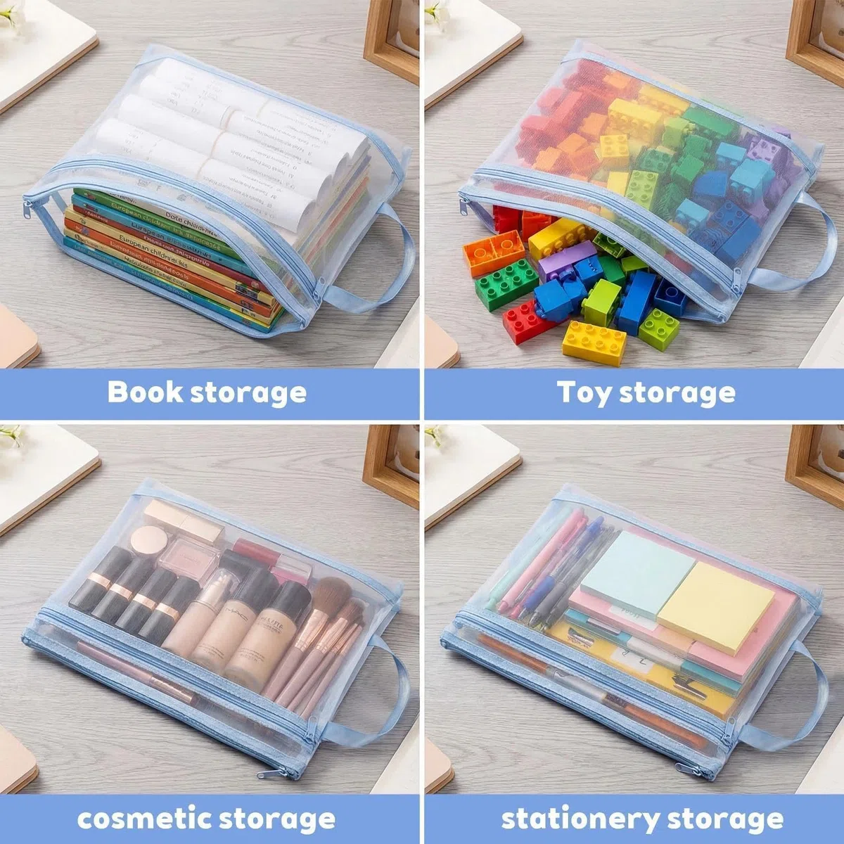 10 Piezas Bolsas de Almacenamiento para Juguetes,Bolsas Organizadoras A4 de Malla Transpirable, Doble Capa con Cremallera y Asa, para Almacenamiento de Juguetes, Documentos.