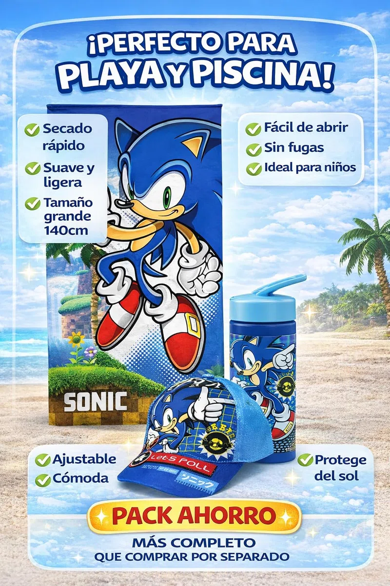 MARUKATSU Sonic Pack Playa Niño Completo Toalla 140x70 cm + Gorra Ajustable + Botella 410ml – Set Verano Infantil Microfibra Secado Rápido Piscina