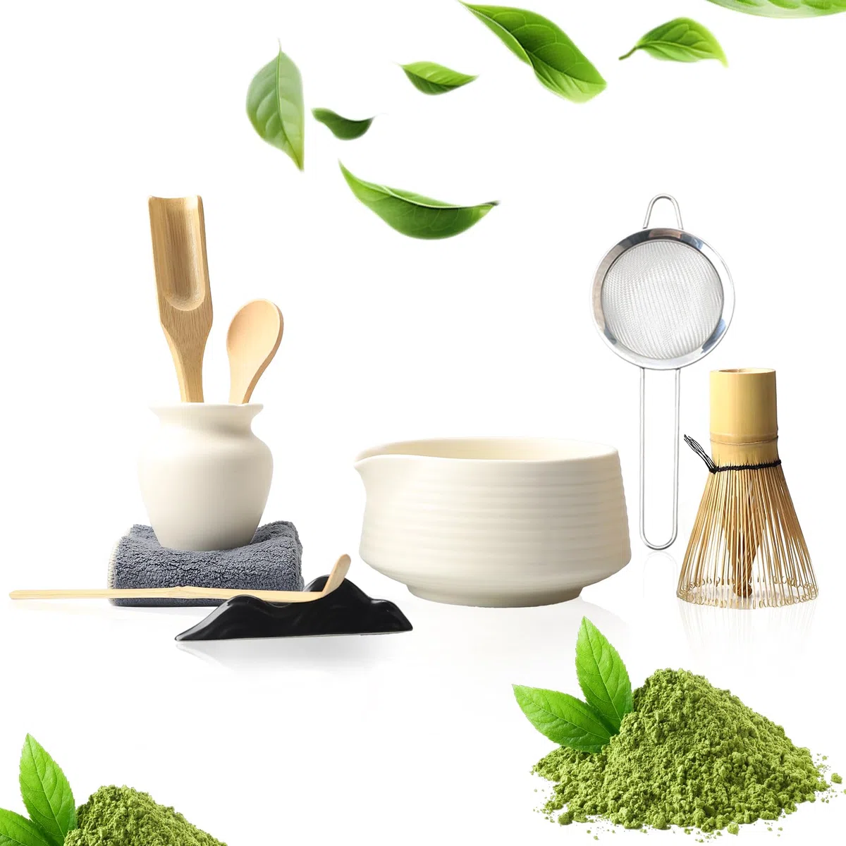 Set Matcha 9 Piezas Blanco Mate – Kit de Ceremonia del Té Japonés con Cuenco con Pico Batidor de Bambú 2 Cucharas Chashaku Cola de pez Soportes Paño y Tamiz