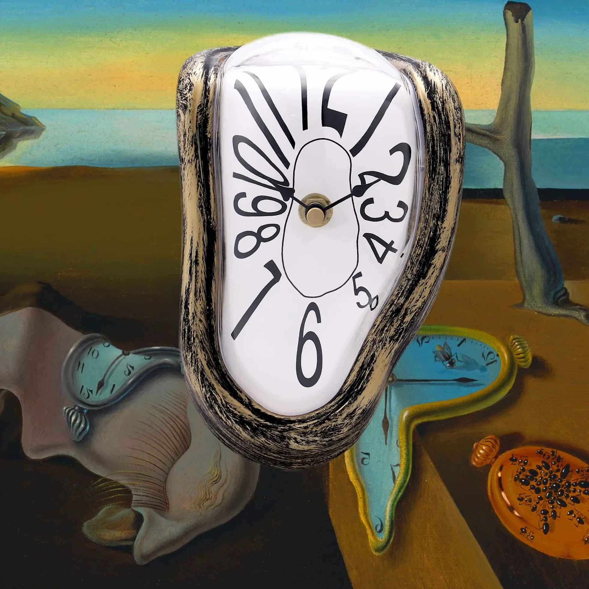 Lafocuse Reloj de Fusión Color Bronce Silencioso Creativo, Reloj Repisa Dalí Derretido Divertido Números Arábigos para Mesa de Escritorio 16x13x11 cm