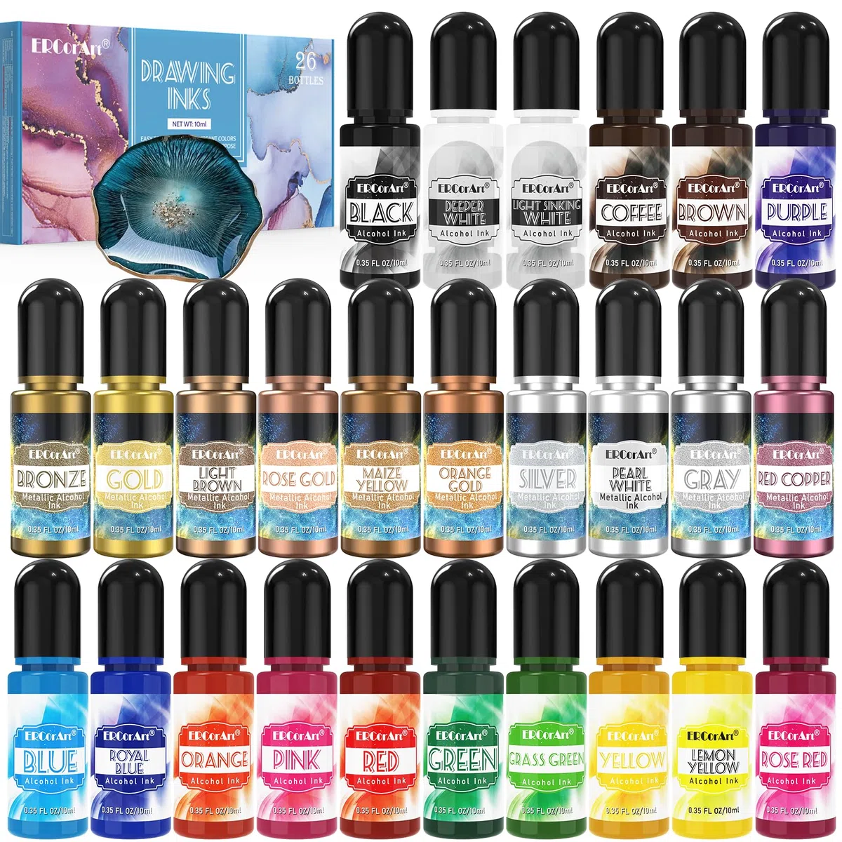 Alcohol Ink Set - 26 Colores Vibrantes y Concentrados, Tinta de Alcohol para Resina Epoxi, Pintura ArtíStica, FabricacióN de Placas Petri de Resina, FabricacióN de Vasos - 10 ml/Botella