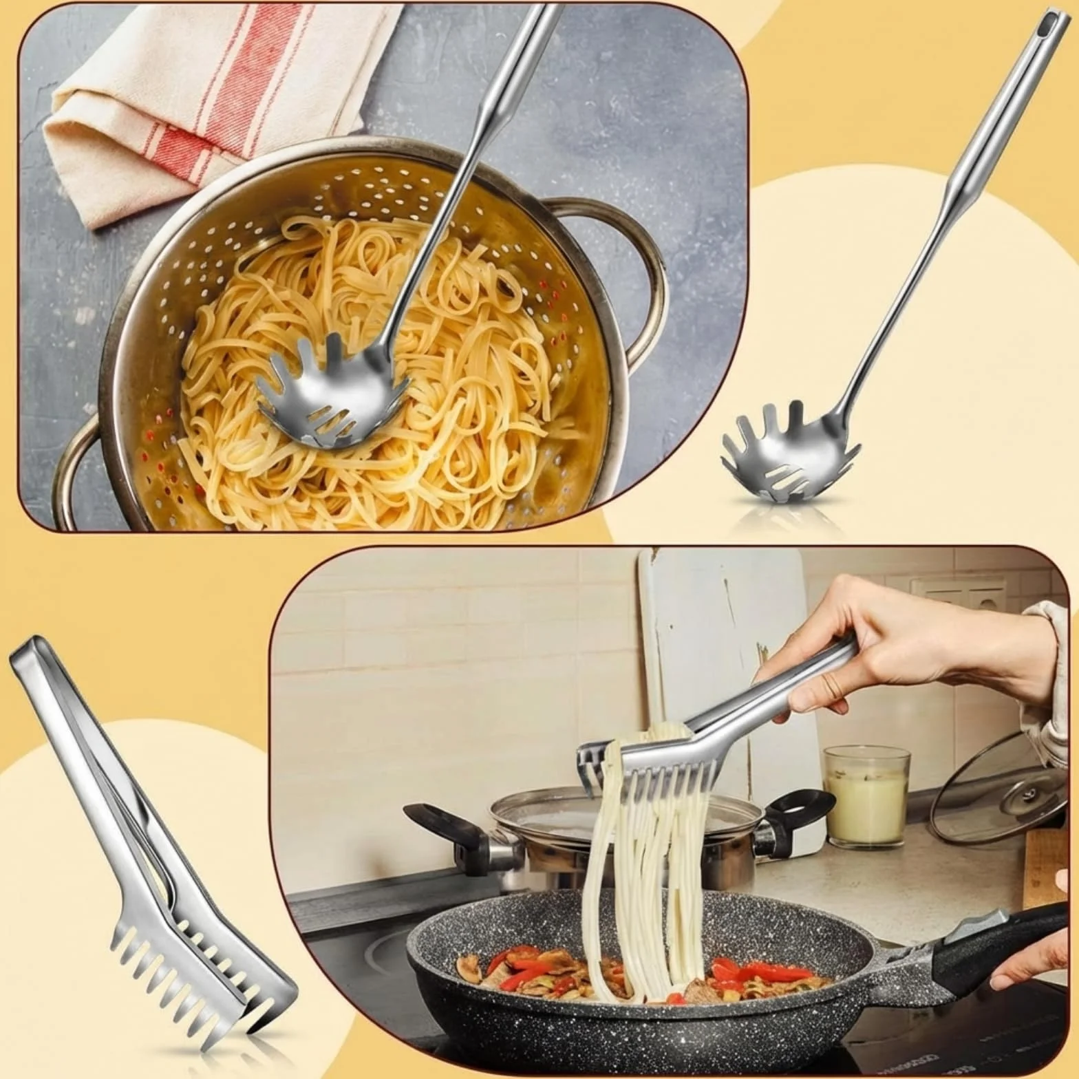 2 Cuchara de Espagueti Utensilio Grande para Servir Pasta Pinzas de Acero Inoxidable de 9,4 Pulgadas y Tenedor para Pasta de 13,6 Pulgadas con Mango de Vacío Servidor con Diseño de Agarre