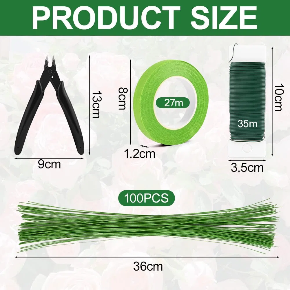 Kit de arreglo floral, incluye 5 Rollos de Cintas Florales, 35m Alambre Floral, 100pcs Alambre Tallo Verde Floral y Alicates Corte, Herramienta Florales para Hermoso Arreglo de Ramo