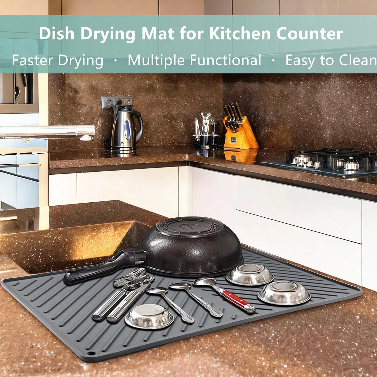 Tapete de secado de platos de silicona - Gran tapete escurridor para la cocina, resistente al calor, secado rápido - Tapete escurridor para lavar platos de IYYI (Black, 20*16'')