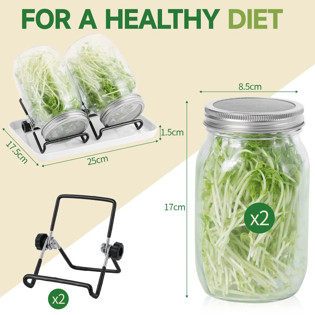 Juego de 2 vasos de germinación de 1000 ml con tapas y soportes y cuencos. Vasos para brotes y germinación de semillas