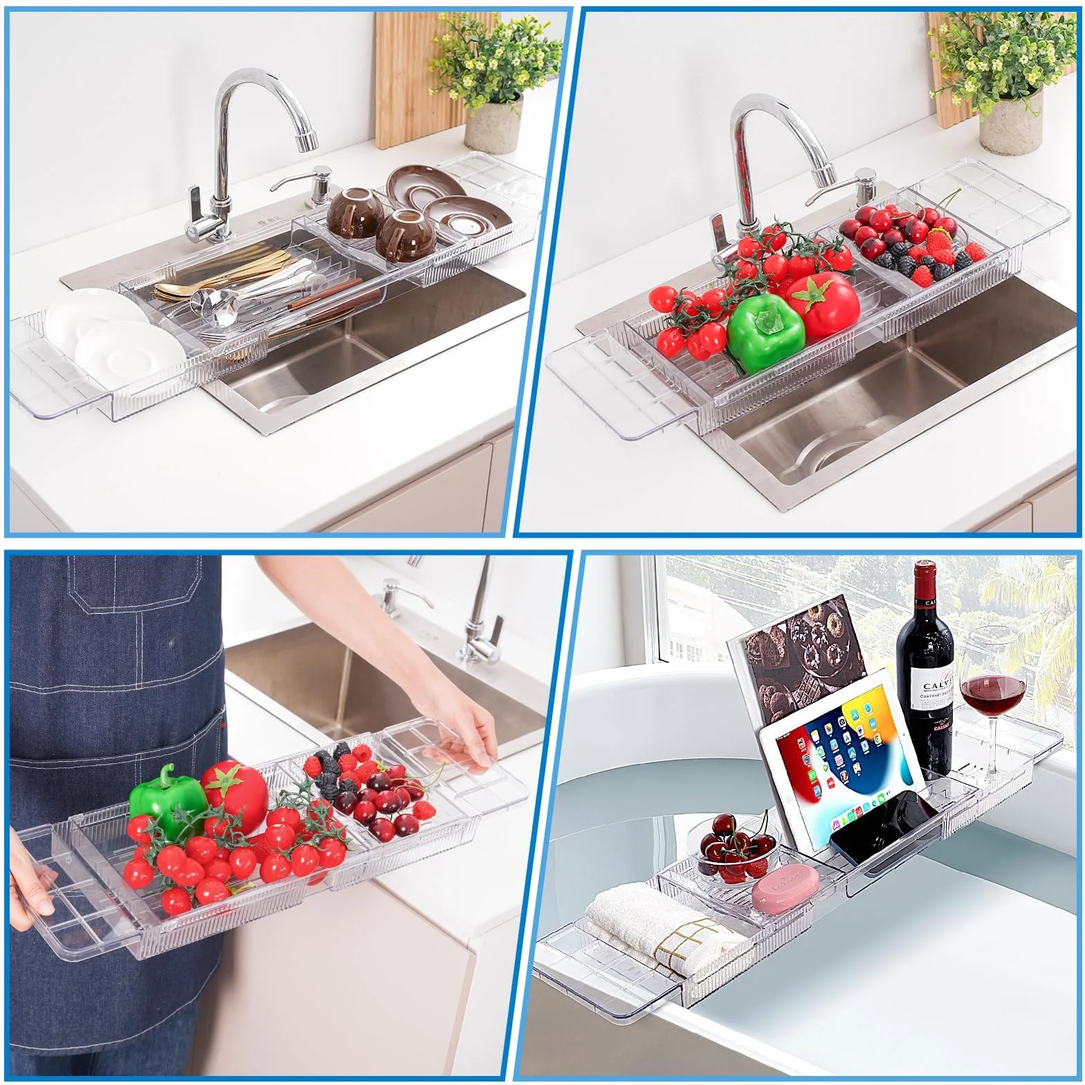 Bandeja para Bañera de Acrílico, Bandejas Bañera Jacuzzi para Bañera para Una Bandeja de Baño Retráctil para Bañera, Accesorio de Baño para Copas de Vino, Libros, Tabletas, iPad y Teléfono