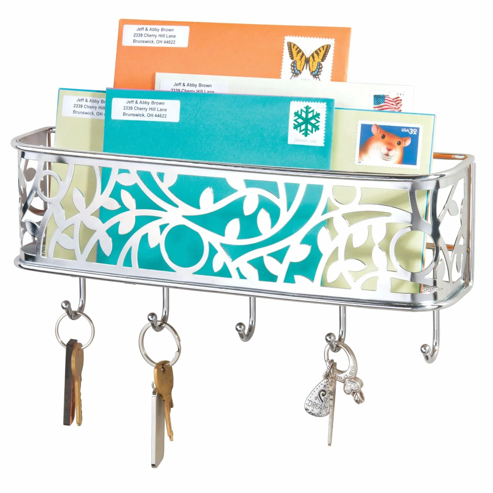 mDesign Guardallaves con cesta metálica – Versátil llavero de pared en metal para el recibidor, la cocina o la oficina – Bonito colgador de llaves con bandeja para cartas, móviles, etc. – plateado