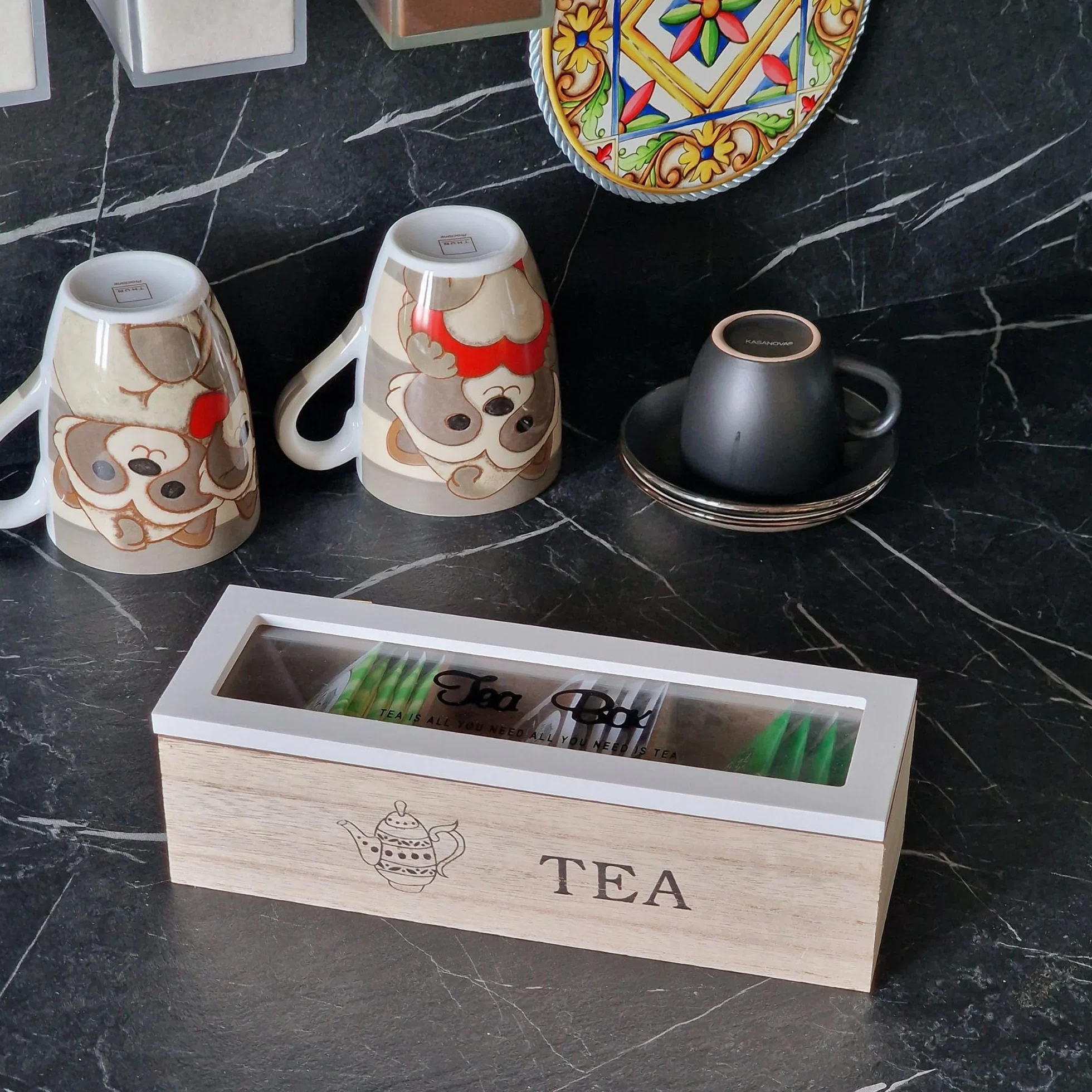 Caja portar infusiones de madera, 3 Tea Box, bolsitas blancas 24 x 8 x 7 cm