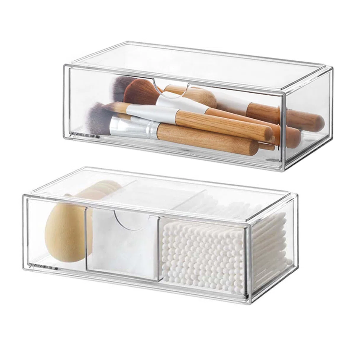 Cosmetic Organizer Set de 2 cajones acrílicos apilables, caja de almacenamiento de maquillaje transparente, para dormitorio, tocador, armario de espejo interior