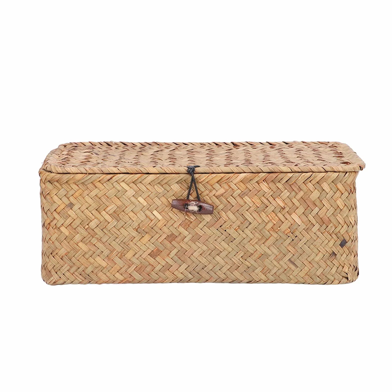 Cesta de Pasto Marino con Tapa, Organizador Tejido, Cestas de Almacenamiento, Cesta de Mimbre, Estante Rectangular, Contenedores, Caja Organizadora de Escritorio, Tamaño M