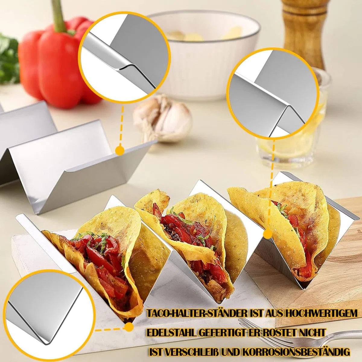 Soporte de Taco de Acero Inoxidable, 2 Piezas Bandejas para Tacos Mexicanos Soportes para Tacos con Asas Incorporadas para Sujetar Tacos, Bocadillos, Perritos Calientes y Tortitas