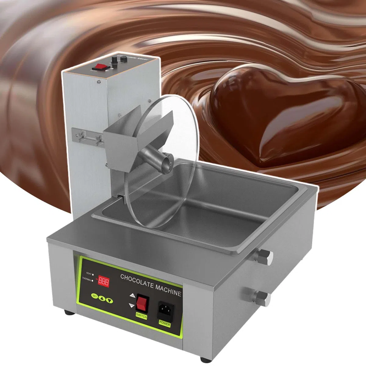 Horno de fusión de chocolate de acero inoxidable con rueda mezcladora y tanques extraíbles para cafeterías y chocolaterías, ideal para fundir y mezclar chocolates