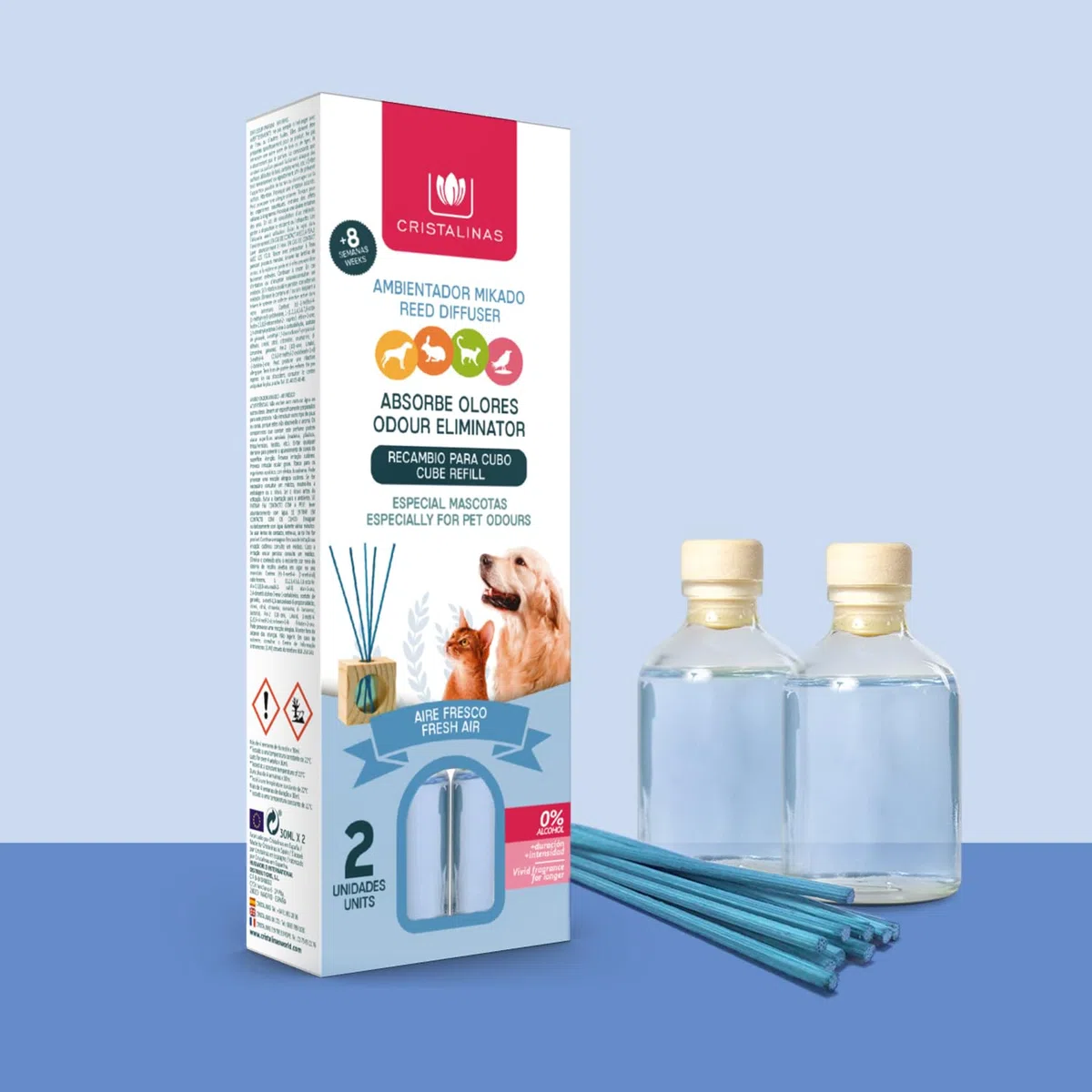 CRISTALINAS. Recambios Ambientador & Absorbe Olor Mikado para Mascotas. 0% Alcohol. Mas de 4+4 semanas de duracion. 2x30 ml. Aroma (Aire Fresco) (Pack Dúo)