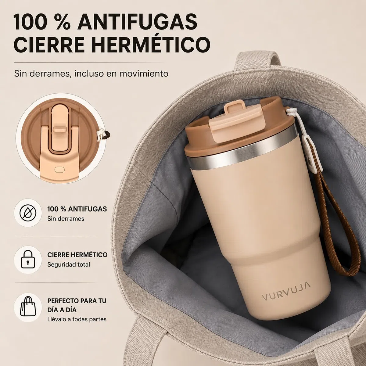 Vaso Termico 470ml de Acero Inoxidable 3en1 con Pajita y Tapa Antifugas. Taza Termica con Correa Integrada, Reutilizable y sin BPA. Termo Cafe para Llevar con Doble Pared para Frío y Calor. (Sand)