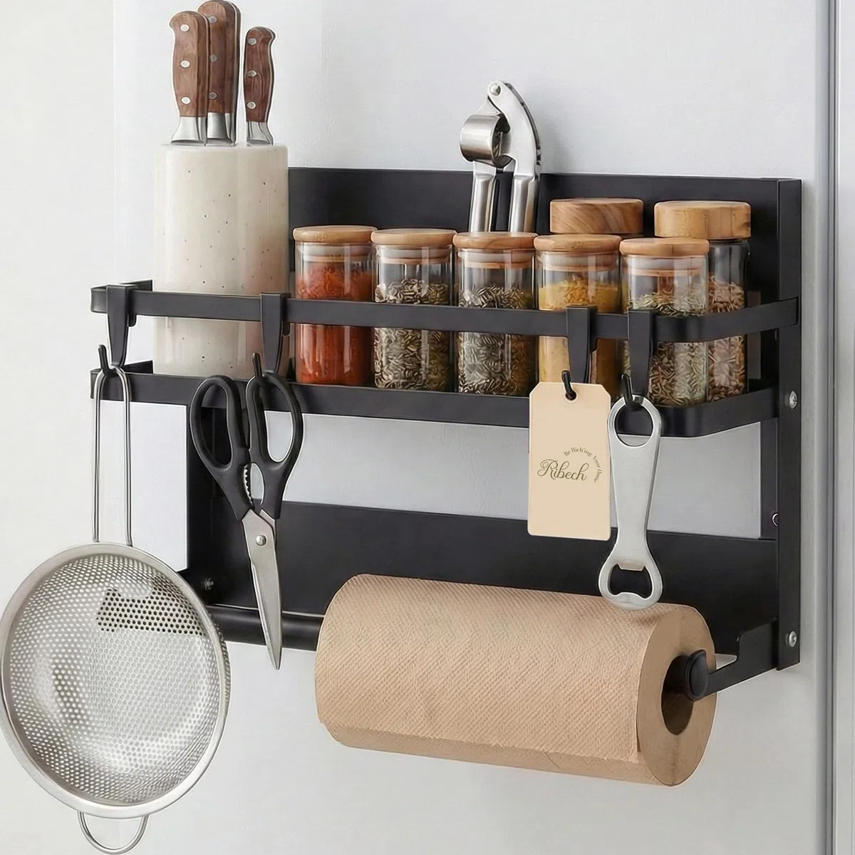 Estante para Especias con Soporte de Papel – Estantería de Pared Inoxidable Magnética & sin Taladrar, con 4 Ganchos para Cocina & Baño, Negro