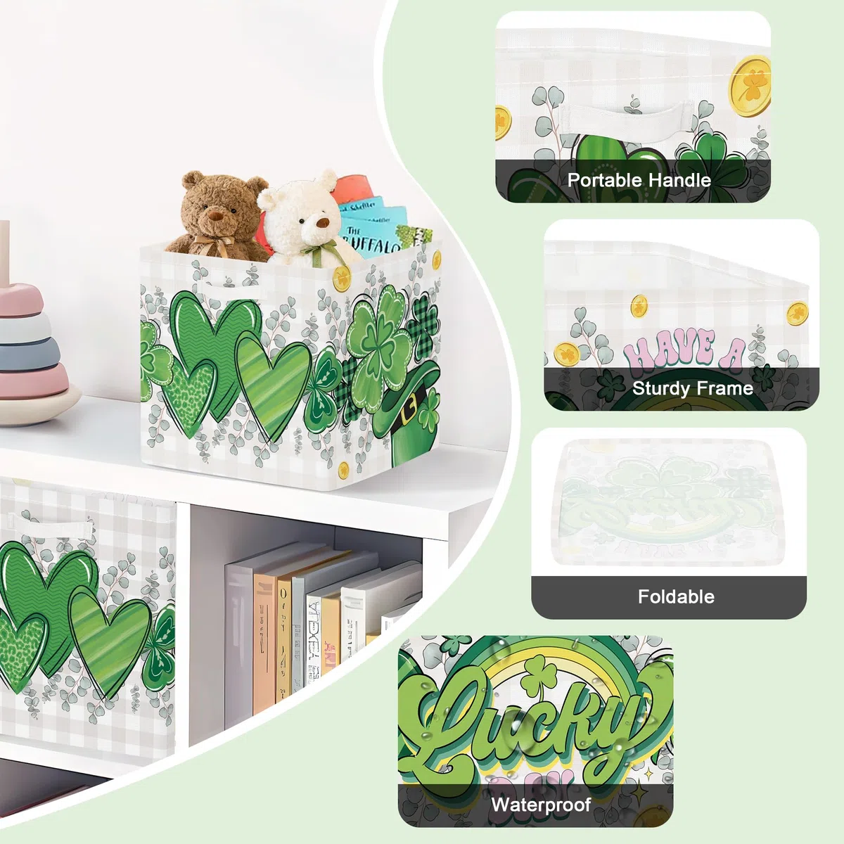 Clastyle Juego de 3 Cubos de Almacenamiento Día de San Patricio Caja Organizadoras de Almacenaje Juguetes Libro para Infantil Cubo de Almacenaje Armario para Ropa Niño Niña, Trébol, 30x30x30 cm