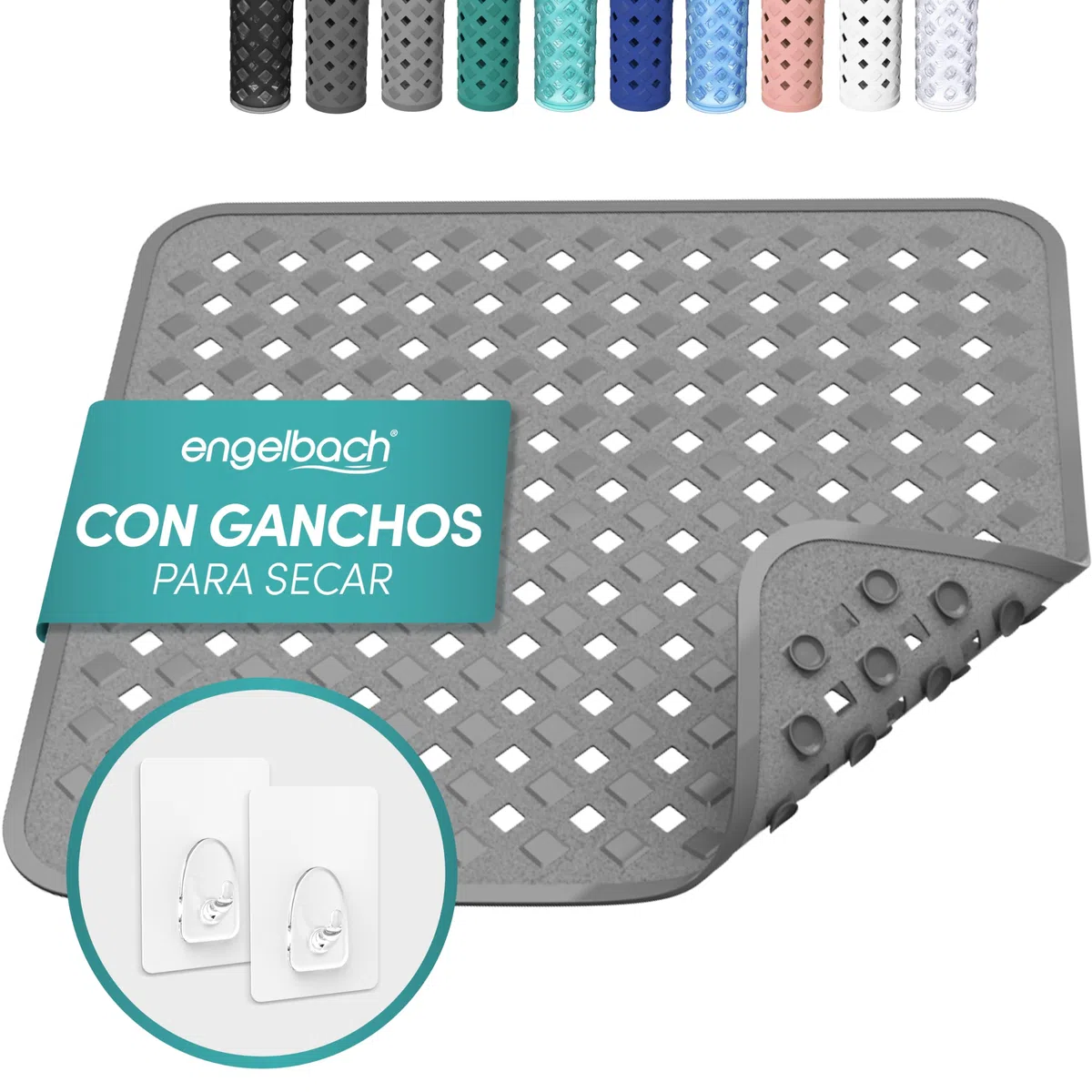 Engelbach® Alfombra Ducha Antideslizante 53x53cm - con 2 Ganchos para Secado rápido - Libre de BPA y antibacteriana - Alfombrilla Cuadrada Universal