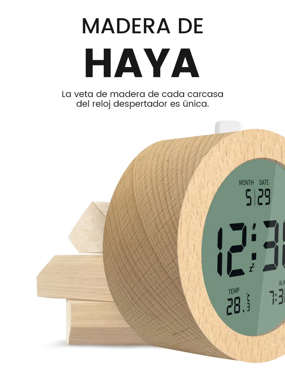 aboveClock Despertador Digital, Despertador De Madera con Pantalla LCD Que Muestra Temperatura Y Fecha, Función Snooze, Retroiluminación, Funciona con 3 Pilas AAA (Pilas No Incluidas)