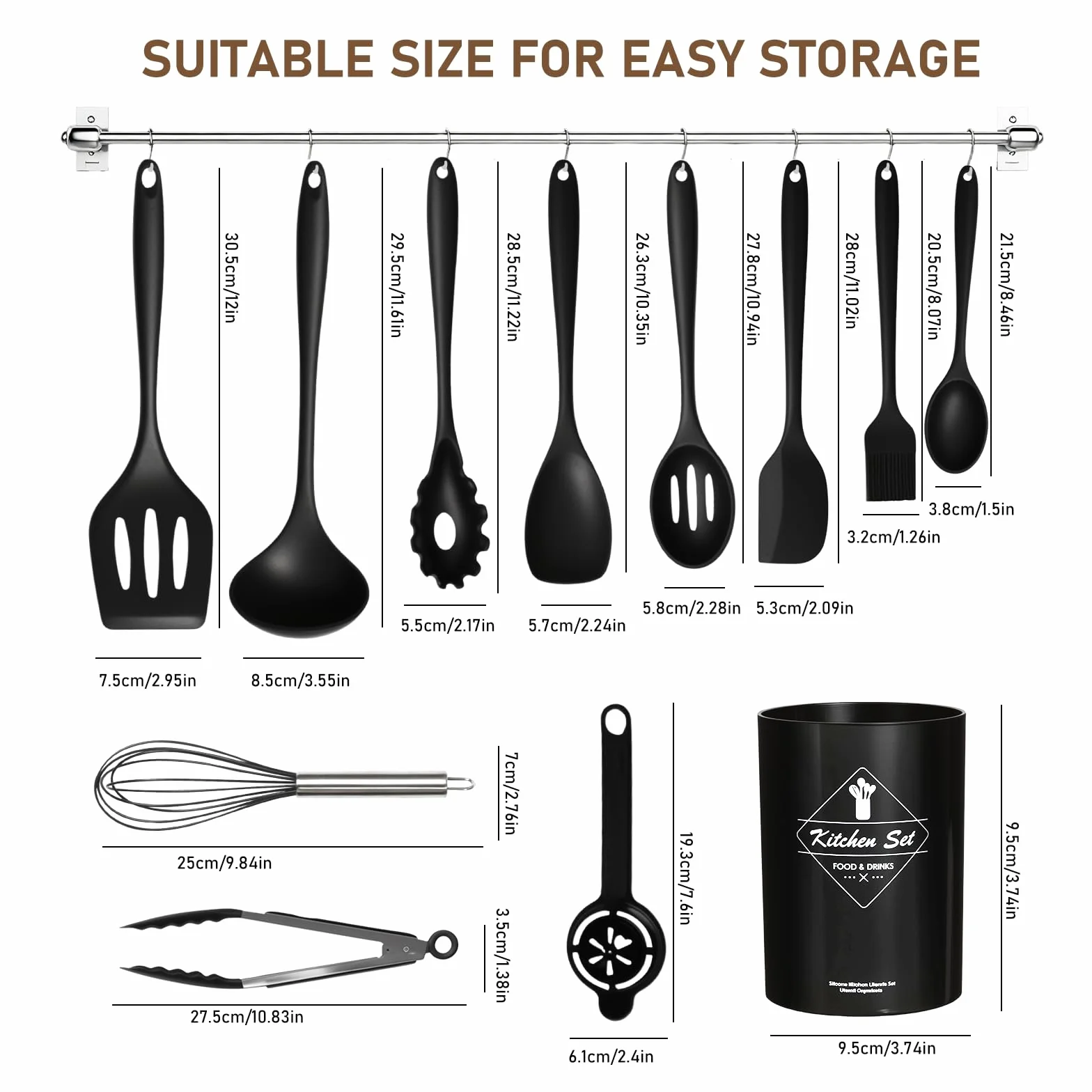 VINATO Juego de Utensilios de Cocina 12 Piezas de Silicona Alimentaria, Utensilios de Cocina sin BPA | Apto Lavavajillas, Negro
