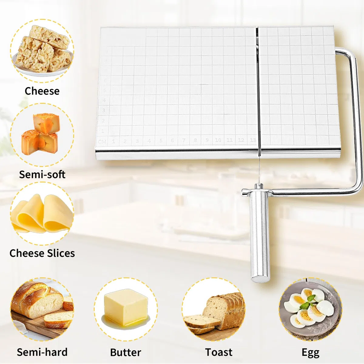 Cortador de queso intercambiable de acero inoxidable, cortador de queso con tabla y rejilla de medición, con 5 cables adicionales para queso bloque, mantequilla y queso