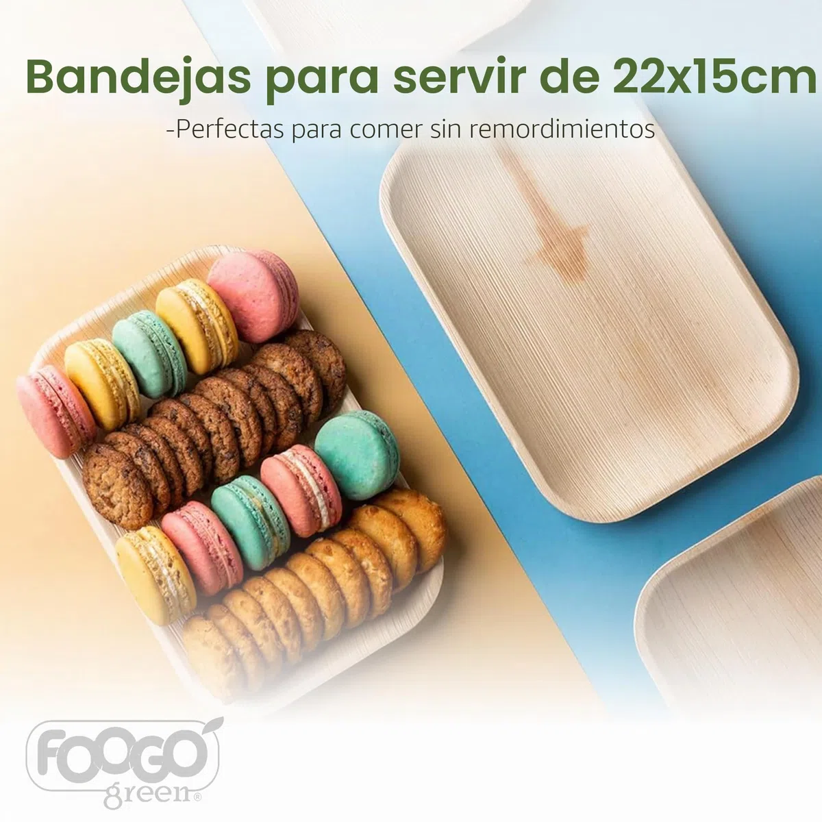 FOOGO Green 25 Bandejas Desechables de Hoja de Palma, Medianas 22x15 cm, Pizza, Entrantes, Canapés, Charcutería, Resistentes Como las Bandejas de Madera para Comida Caliente y Aperitivos