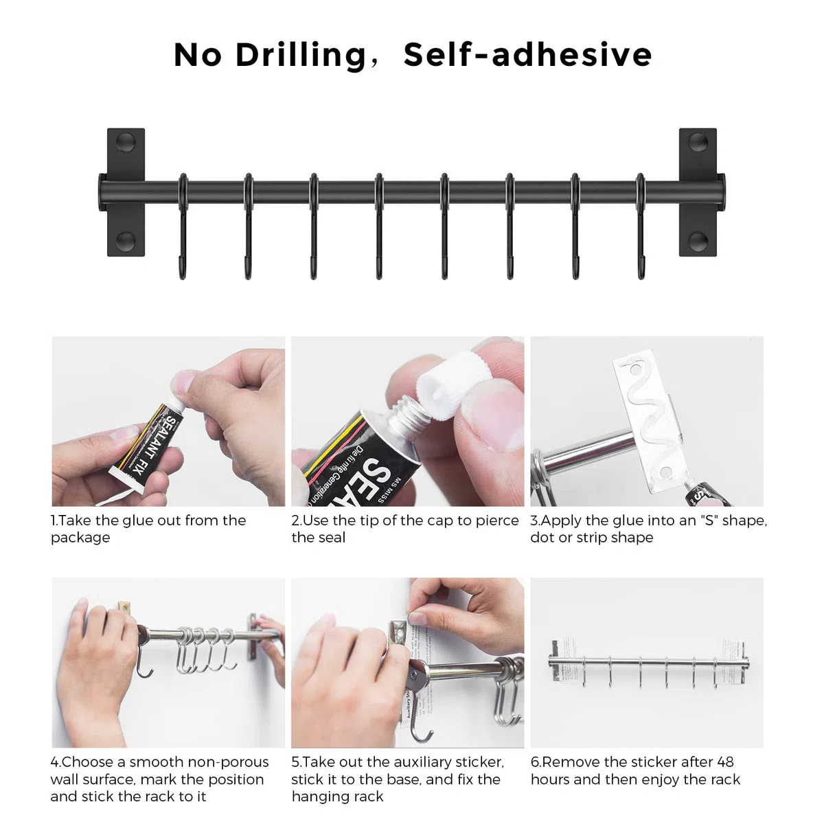 Estante para utensilios de acero inoxidable, estante para colgar en la pared con 8 ganchos deslizantes, para cocina y baño (negro)