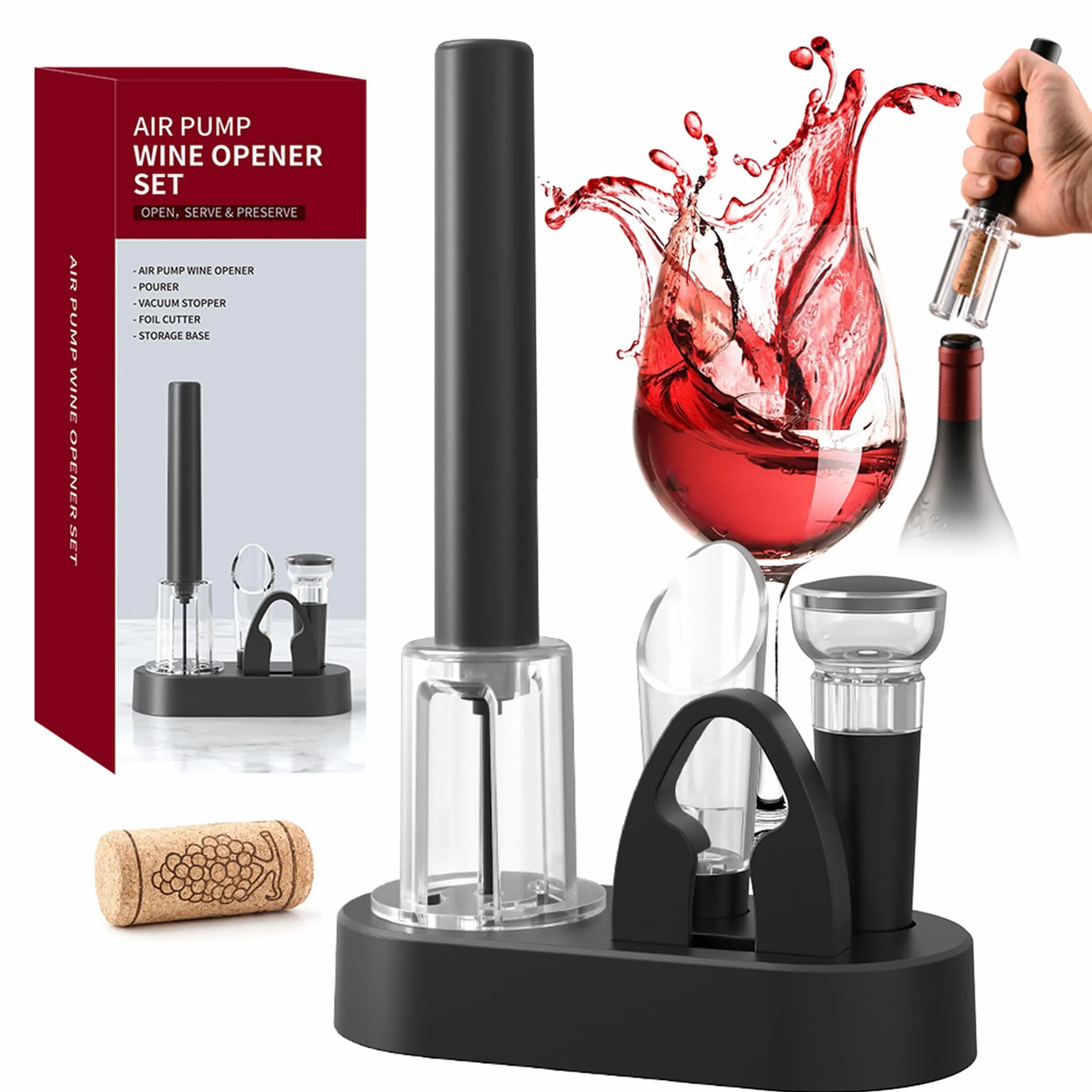 Set de Sacacorchos de Aire a Presión, Incluye Corta Cápsulas, Bomba Vacio Tapon, Vertedor y Base, Abridor de Vino Profesional Funcional, Regalo Ideal para los Amantes del Vino Navidad