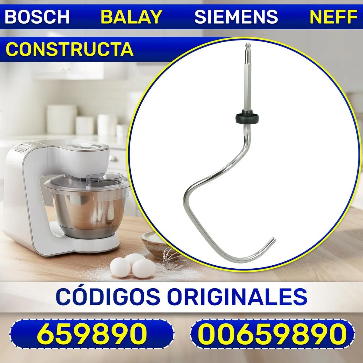 MONTERAL Gancho Amasador Robot de Cocina 190x80x32 mm con Código Original 659890 00659890 para Bosch para Balay para Siemens para Constructa para Neff - Garantía de 10 Años