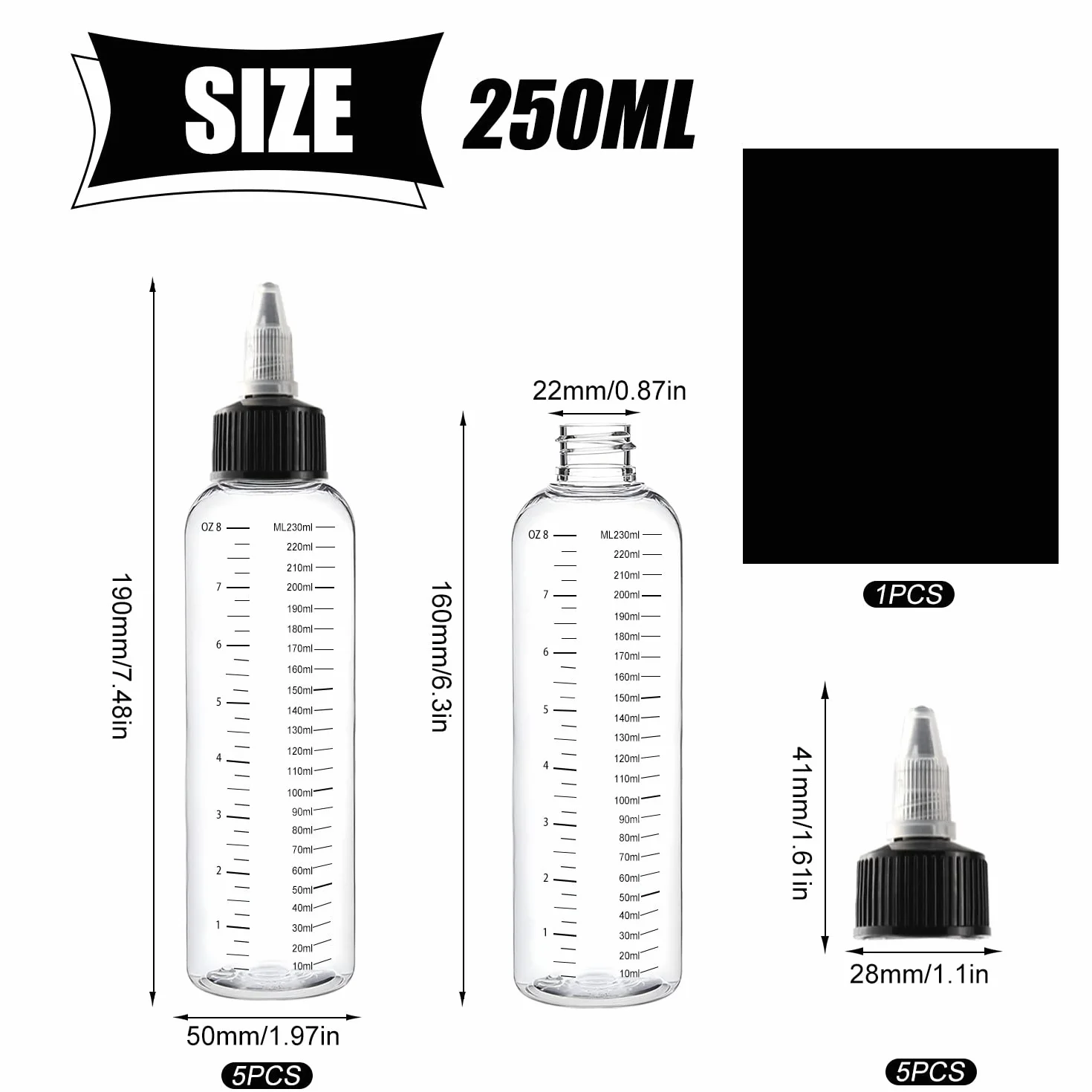 Botellas De Distribución De 250 Ml 5 Piezas Con Tapón De Torsión Negro Squeeze Bottle Boquilla Con Escala Con 1 pegatina, Buenas Para Líquidos, Los Citos, Los Aceites