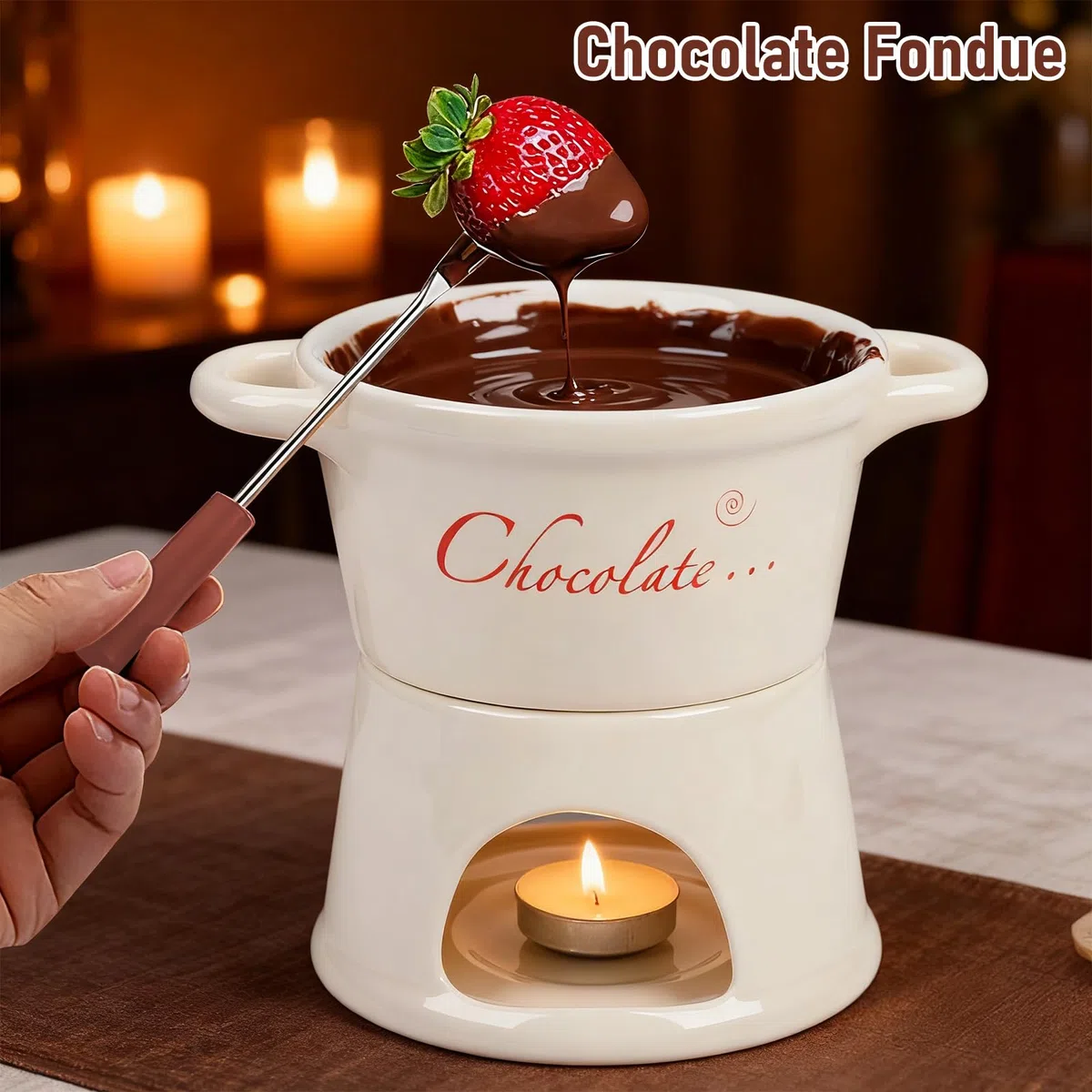 BigKing Crisol para chocolate y queso de 300 ml, juego de fondue de chocolate de cerámica con 4 tenedores y 4 velas de té, extraíble, mini taza para fondue para casa, restaurante y café