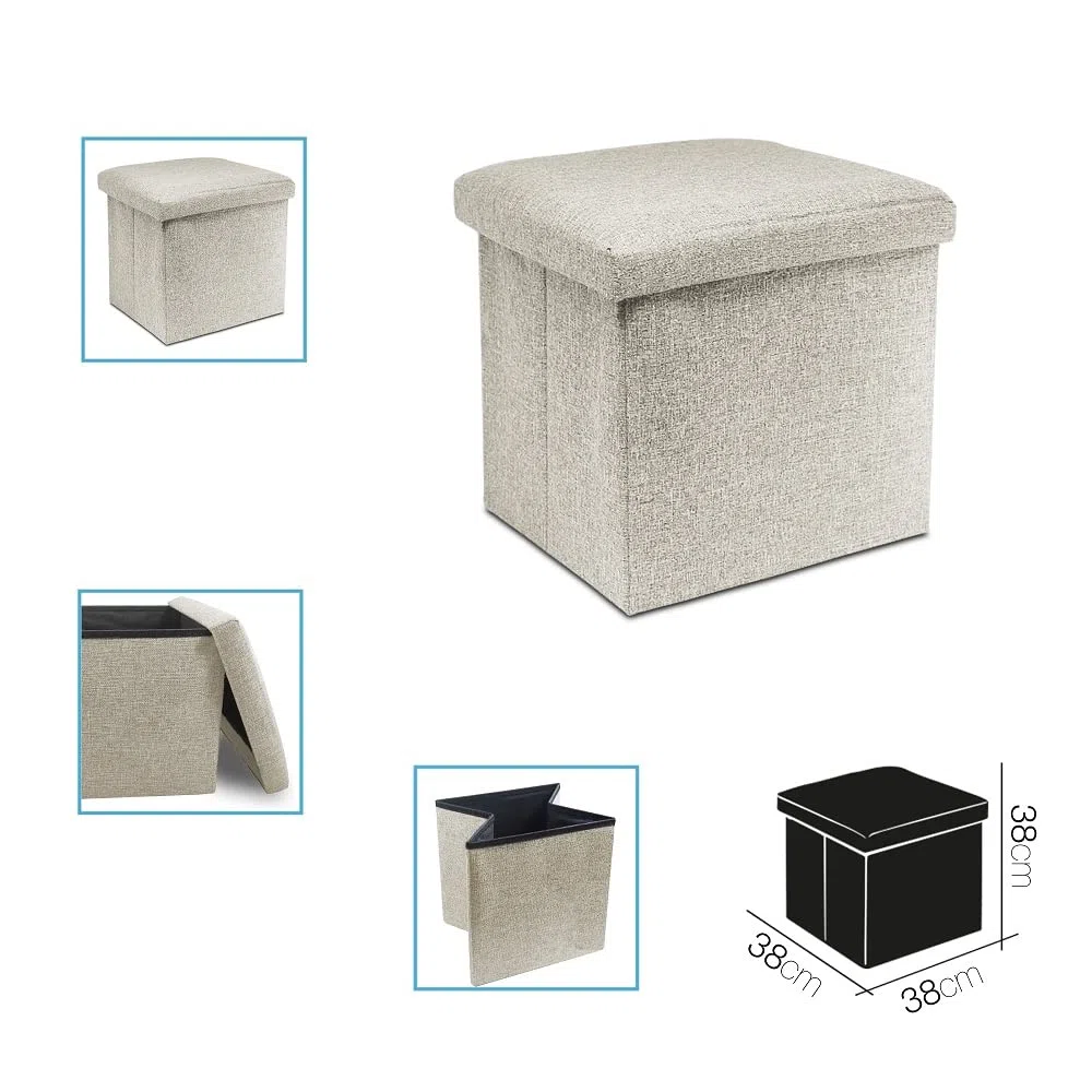 Puff Almacenaje, Taburete Almacenaje, Polyester Tela, Plegable, Asientos Acolchados, 38x38x38cm, Color Beige, Capacidad MAX 40 litros