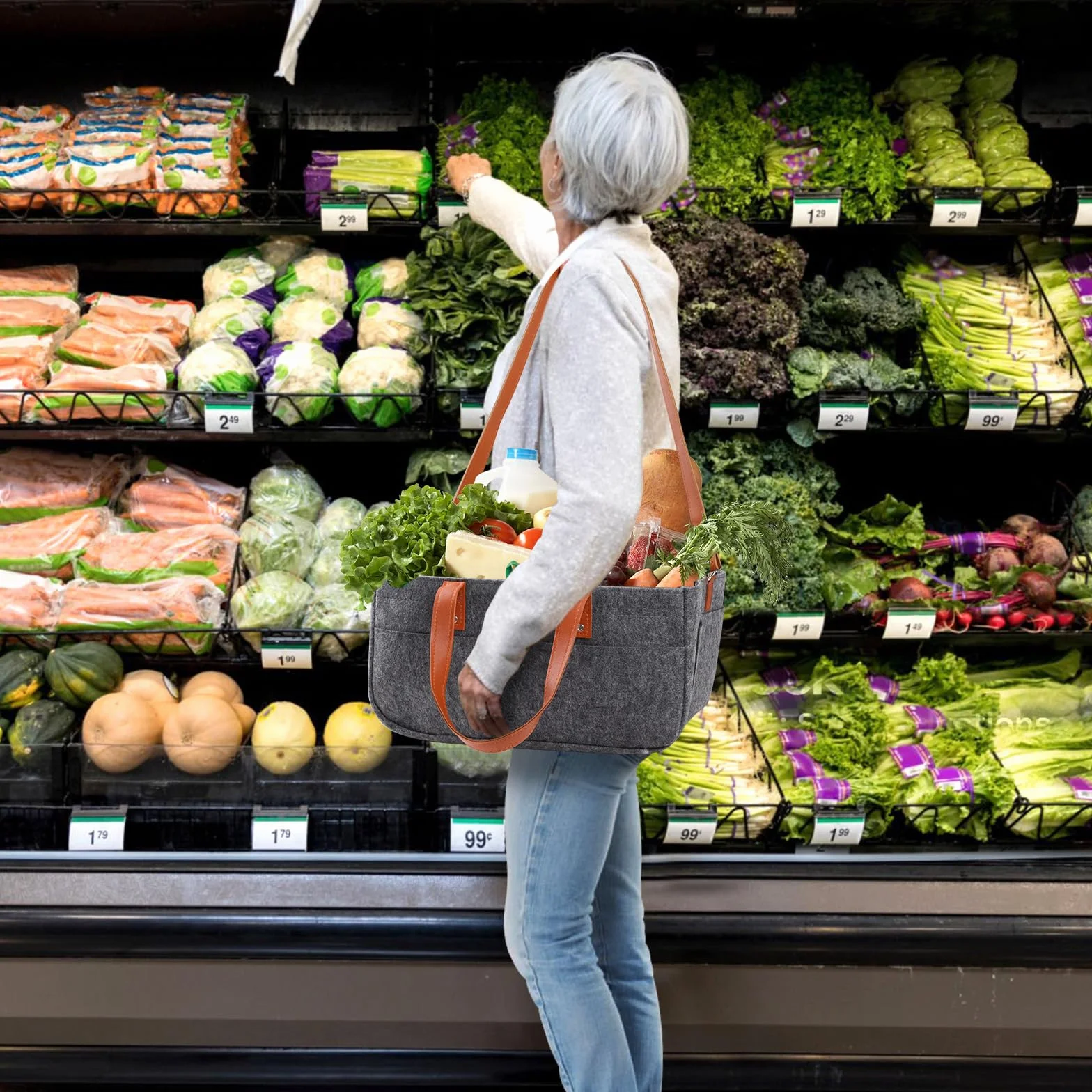 2 Piezes Bolsa de Fieltro, 16L Bolsa Compra Cesta de la Compra de Fieltro Plegable y Versátil con Compartimento y Bolsillo para Compras, Picnic, Leña, Juguetes - Gris Oscuro/ 38x23x18 cm