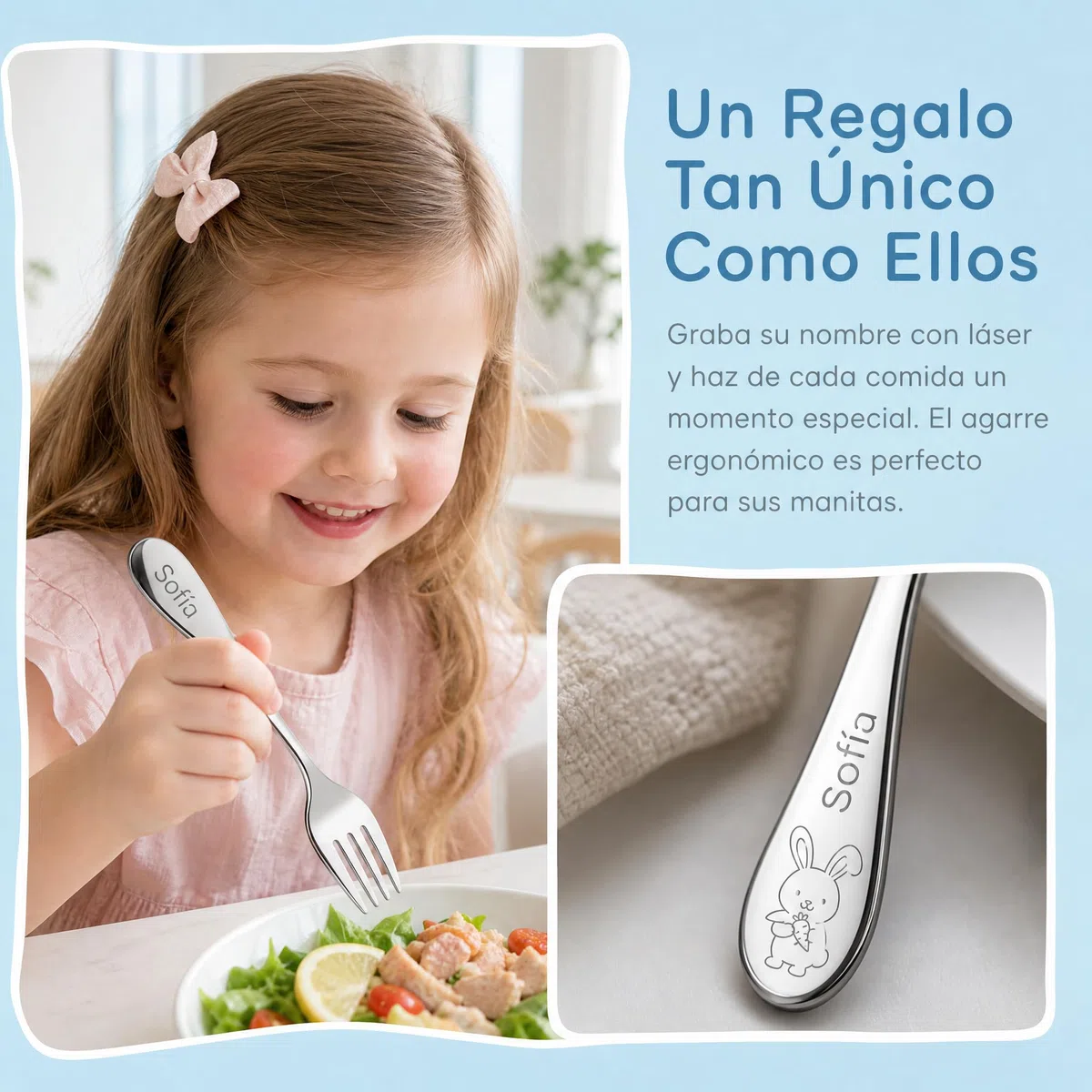 Various Juego de Cubertería Infantiles Personalizado con Nombre Grabado,4 Piezas de Acero Inoxidable, Regalo Personalizado para Cumpleaños y Bautizo