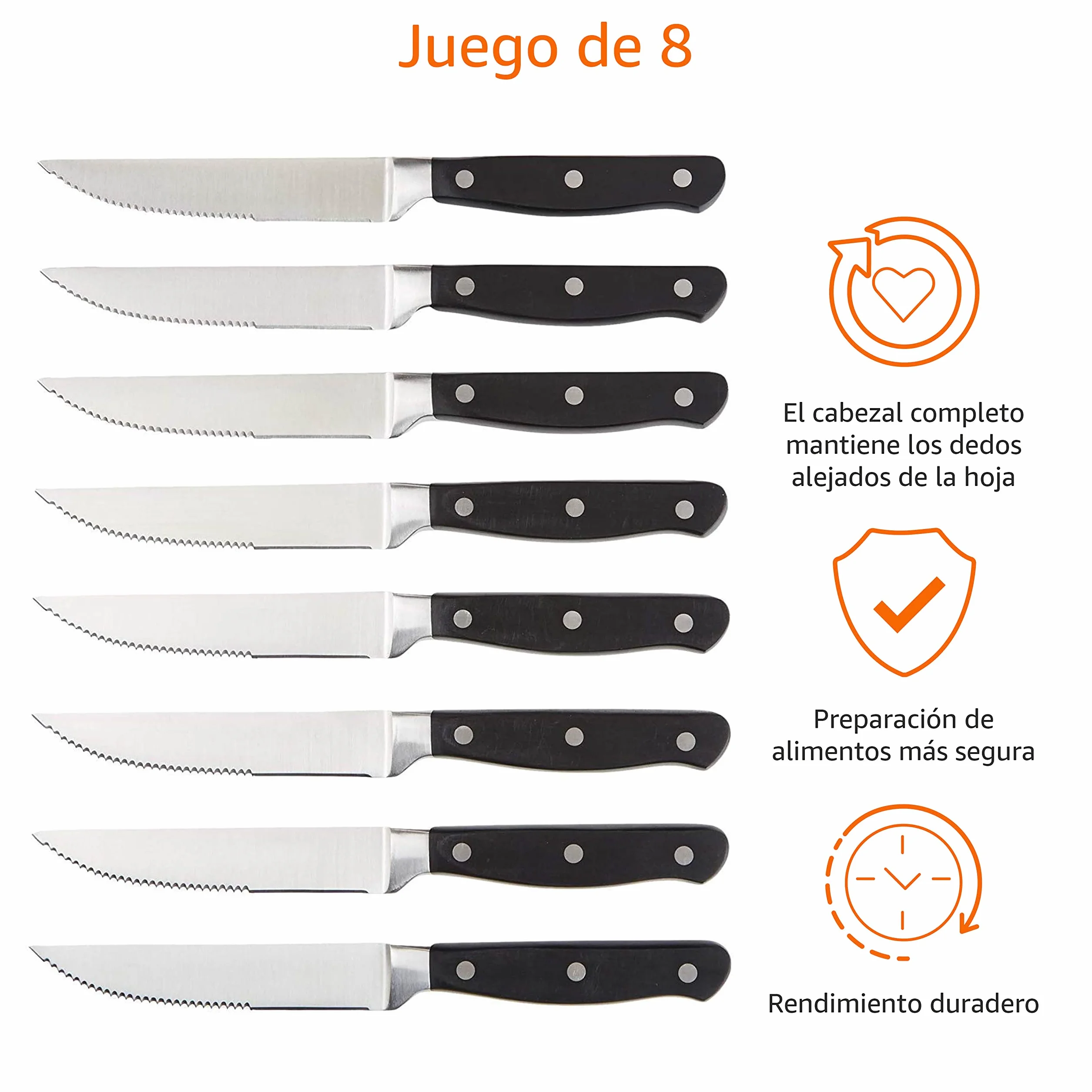 Amazon Basics Juego de cuchillos de carne, 8 Unidad, Negro/Acero inoxidable cepillado