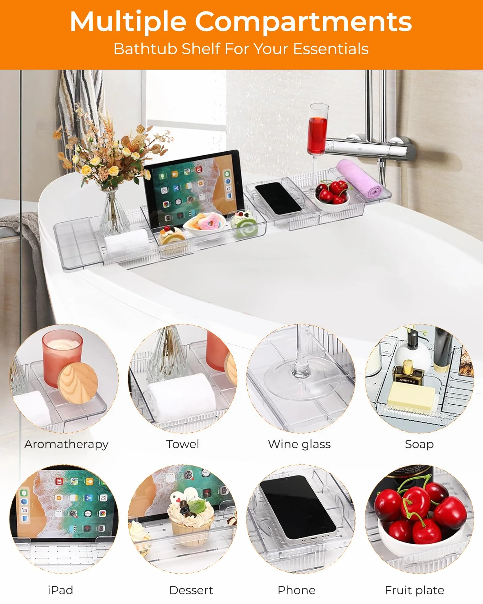 Bandeja para Bañera Acrílico, Bandeja Retráctil, Bandeja para Bañera para Copas de Vino, Libros, Tabletas, iPad y Teléfono, Accesorios de Baño Transparente