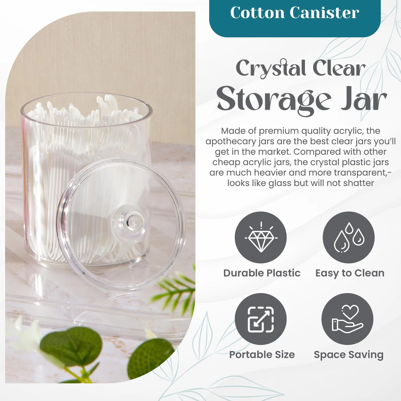 Qtip - Organizador de maquillaje de tocador, tarros de boticario de plástico transparente con tapas, dispensador de hisopos de algodón para baño, 2 x 10 onzas y 2 x 7 onzas, paquete de 4,