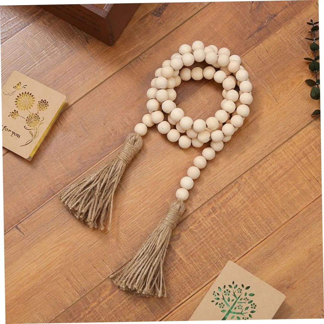 Accesorios decorativos para el hogar, guirnalda de cuentas de madera, guirnalda de borlas, 1 paquete de guirnalda de cuentas de madera de 60 pulgadas con borlas, cuentas rústicas para decoración de