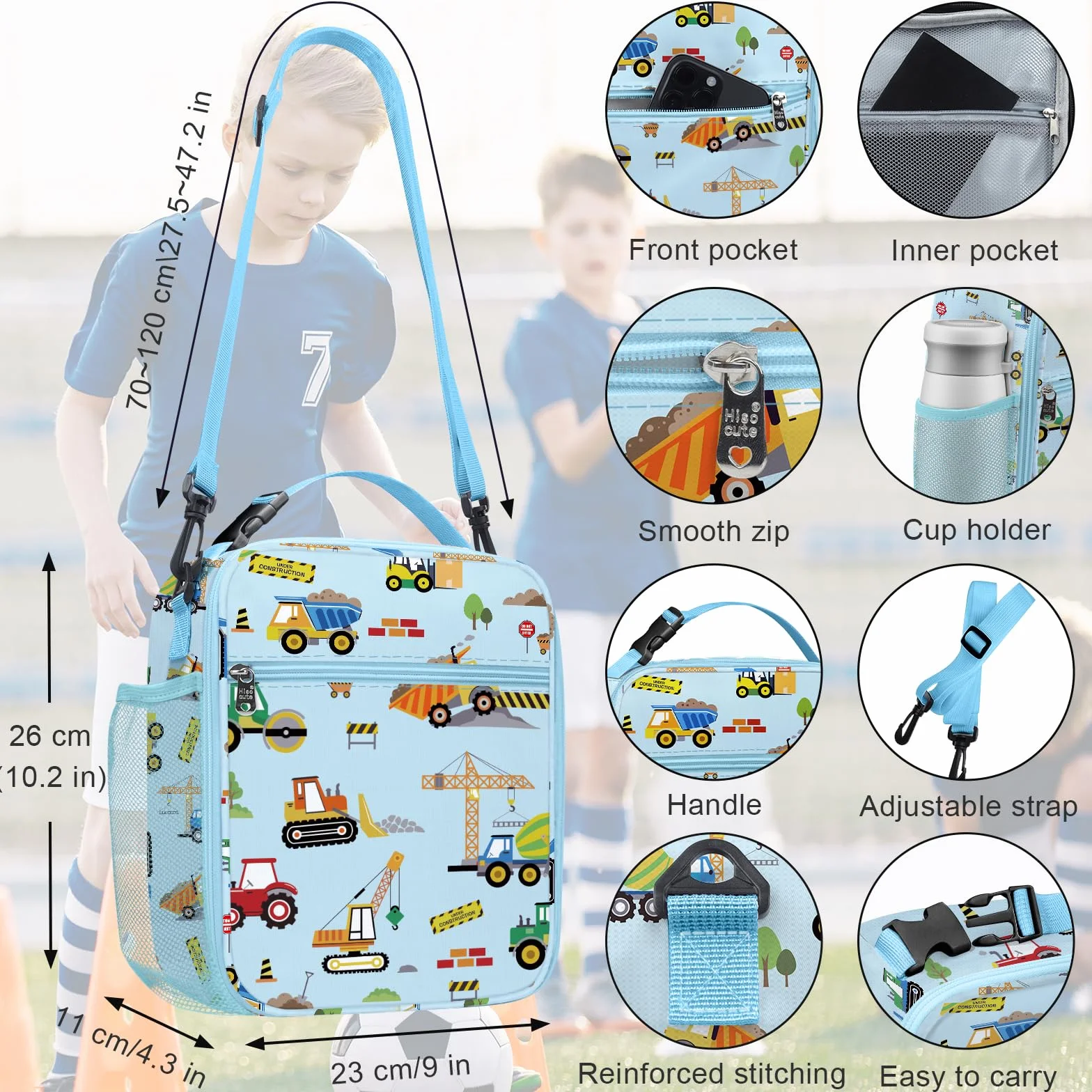Clastyle Bolsa Termica Porta Alimentos Infantil Coche Bolsa Almuerzo Bebe Pequeña Portátil Bolsa Comida Niños para Escolar Picnic, Construcción Azul