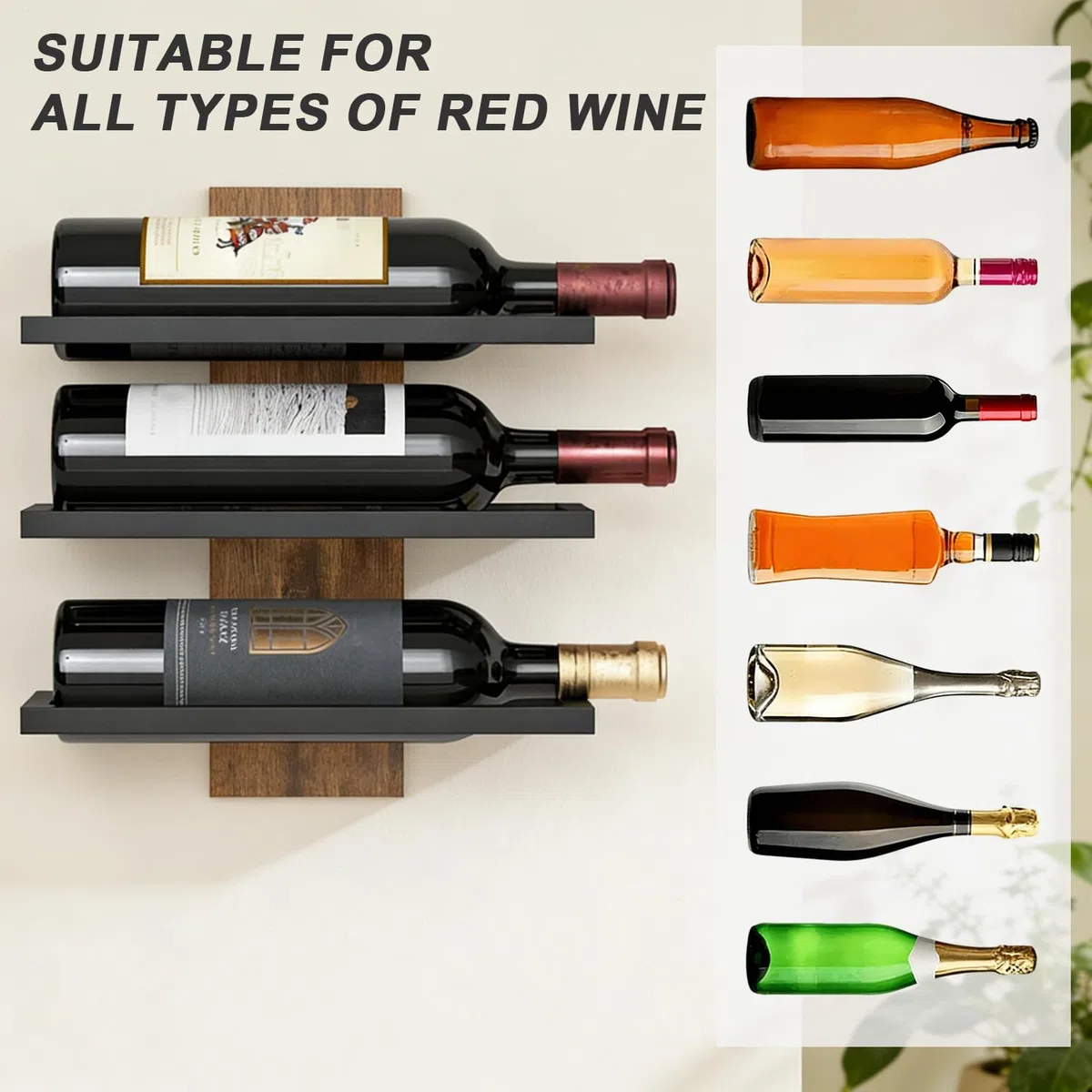 Botellero de pared para 3 botellas de vino, soporte para botellas con 3 niveles, estantería de metal para botellas de vino, para cocina, bar, comedor, bodega (negro)