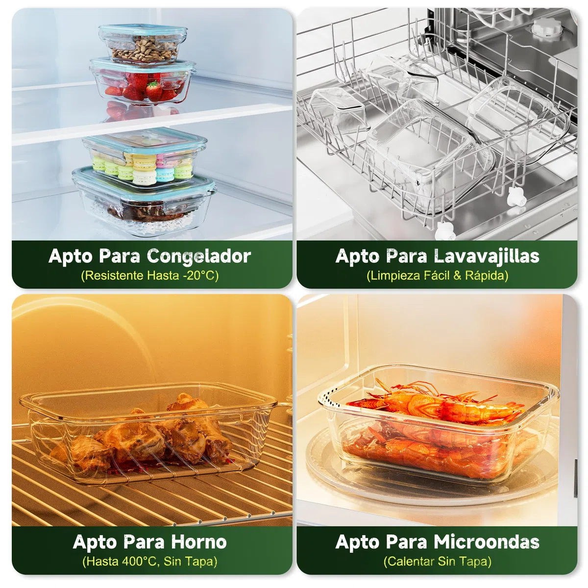 Recipientes Herméticos de Cristal 4 Piezas – Fiambreras de Vidrio con Tapa – 1040ml/640ml/370ml/180ml – Apto Microondas, Horno, Congelador – Sin BPA – Almacenamiento de Comida