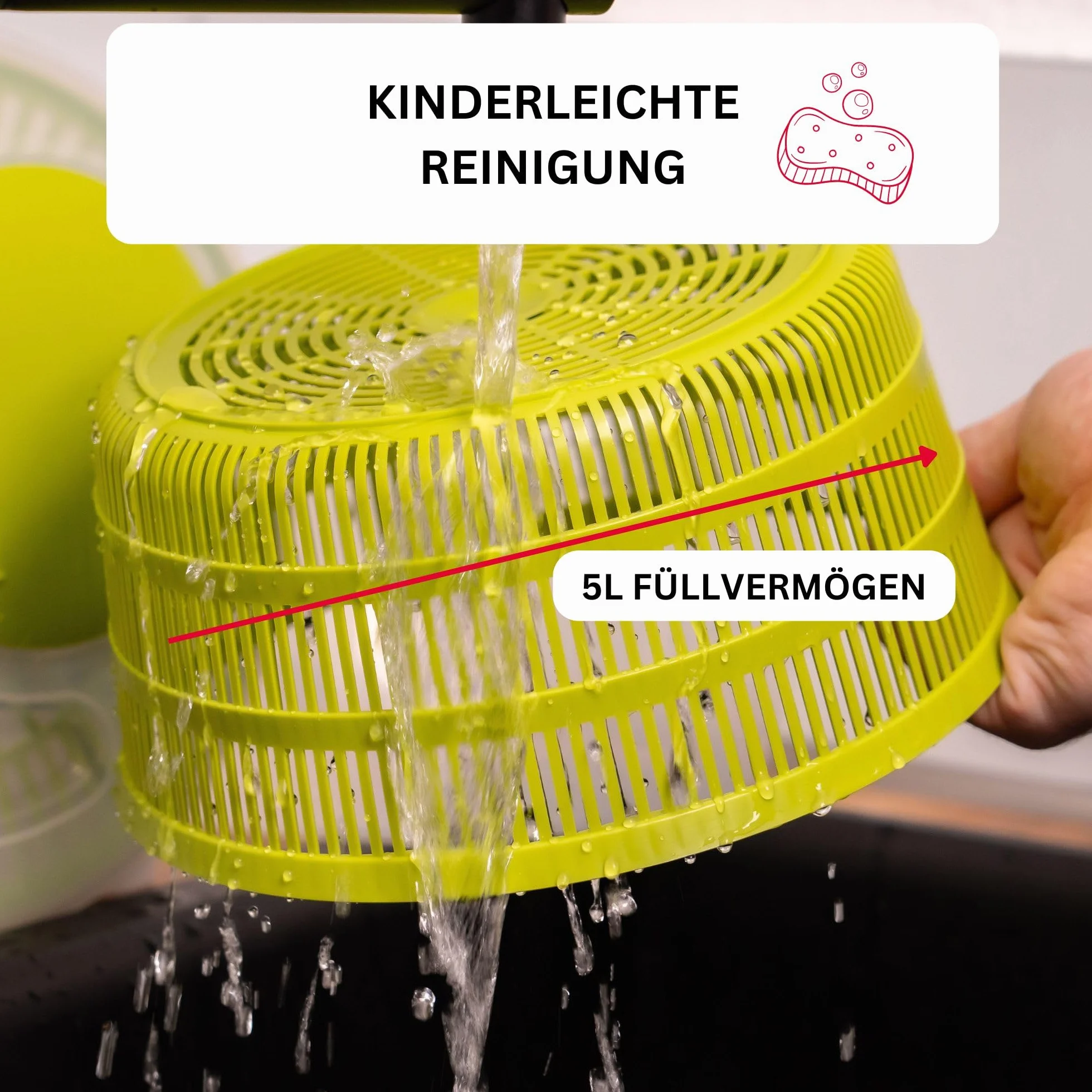Westmark Ensaladera, Capacidad: 5 litros, ø 26 cm, Plástico, Sin BPA, Fortuna, Color: transparente/verde,243222E1