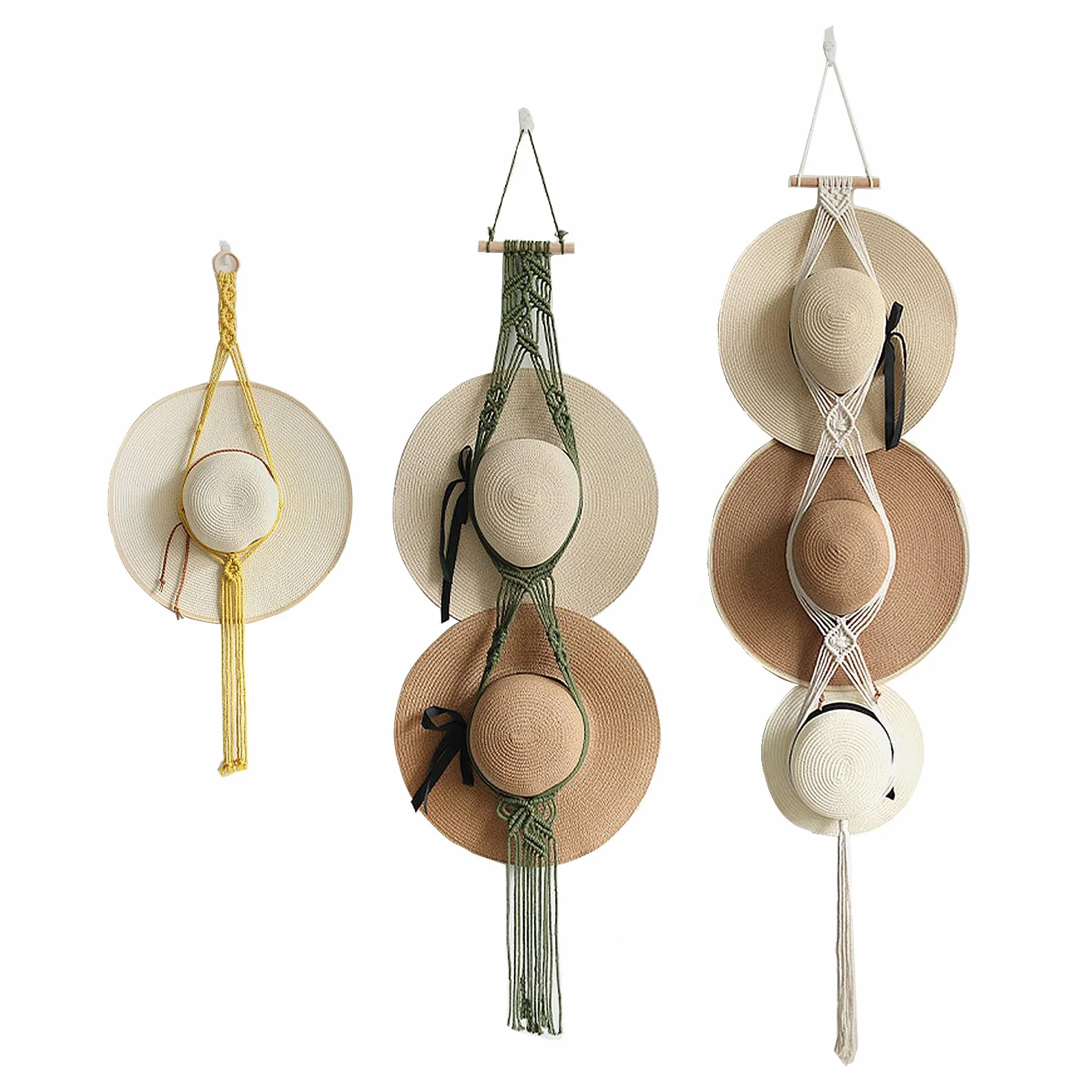 3 Perchas para Sombreros de Macramé, Colgadores de Gorras, Pared, Exhibición de Sombreros de Ala Ancha, Soporte Decorativo para Gorras