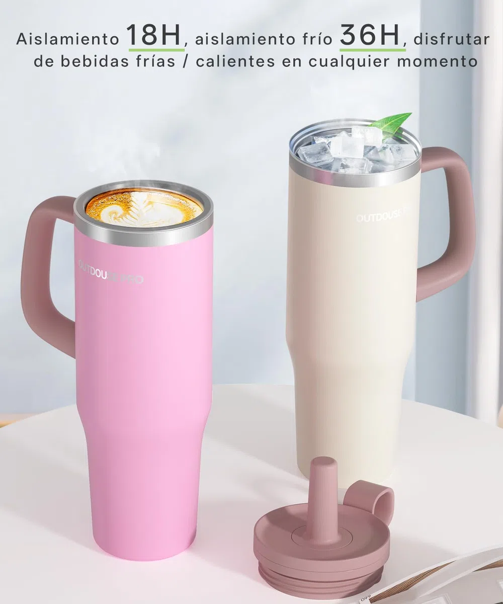 1200ml Taza Térmica - Vaso Térmico con Asa y Pajita - Termo Café sin BPA 1.2L - Taza para Beber Caliente y Frío - Rosa