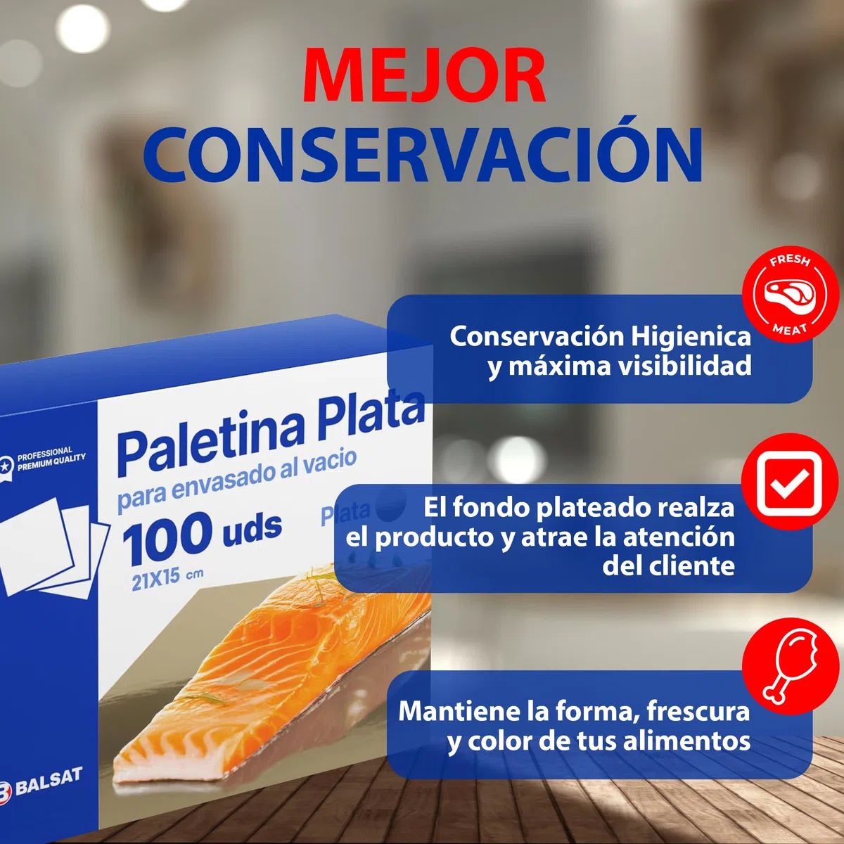 BALSAT | Paletina Plata Para Envasado al Vacío | 100 unidades | 25x21 cm | Cartón Resistente ideal para Embutidos, Salmón y alimentos | Ensobrado Higiénico y Profesional | Paquete 100 ud
