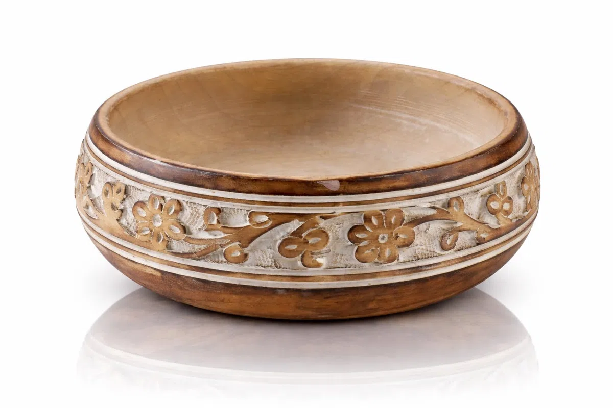 Global Village Bazaar Hermoso tazón decorativo de madera de mango, Hecho a mano para servir frutas secas, chips, mesa de café, mostrador, llavero, vajilla, cocina, sala de estar, Blanco 15 x 5 cms
