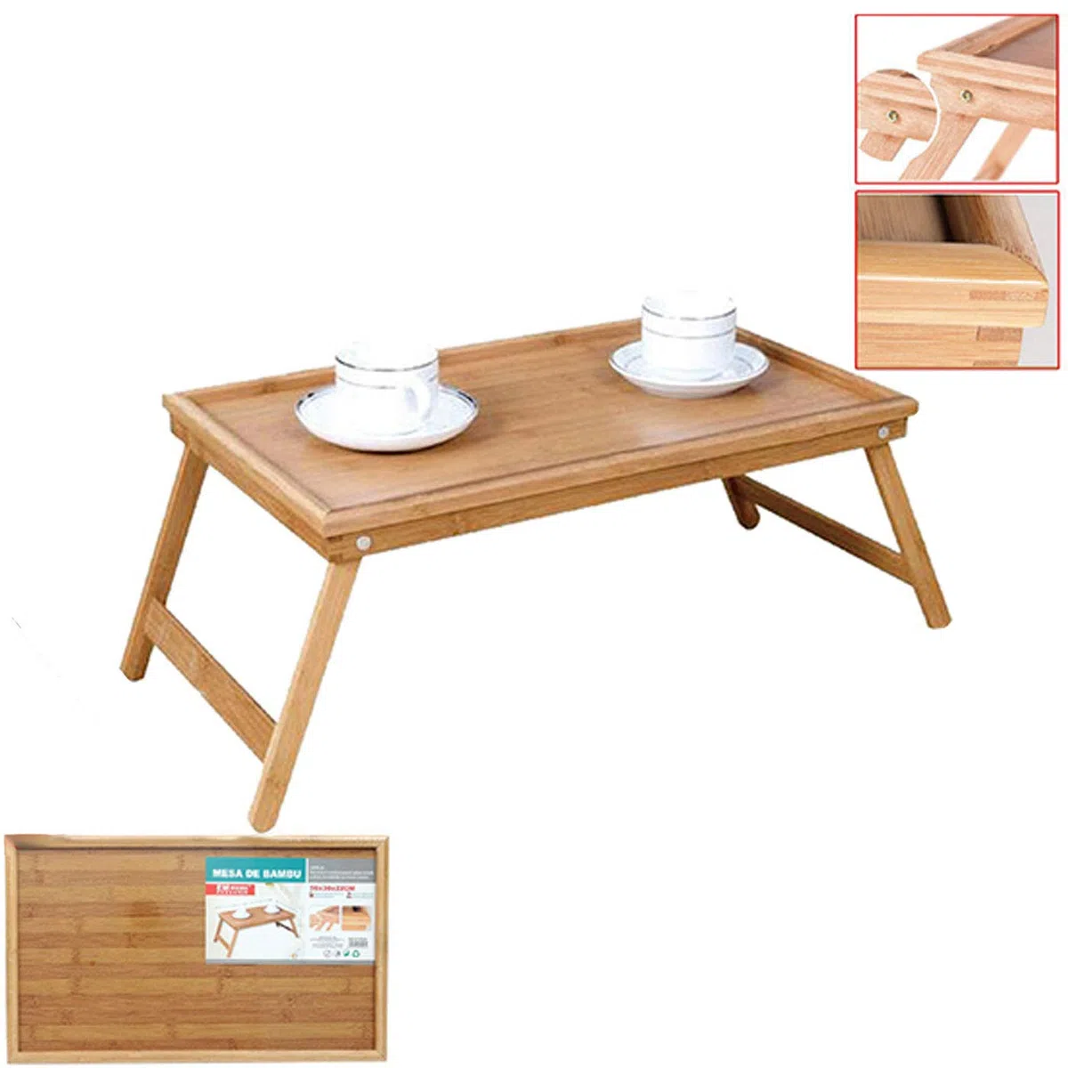Tradineur - Mesa de Desayuno Plegable de Bambú 50 x 30 x 22 cm Bandeja Cama auxilia para Multiusos