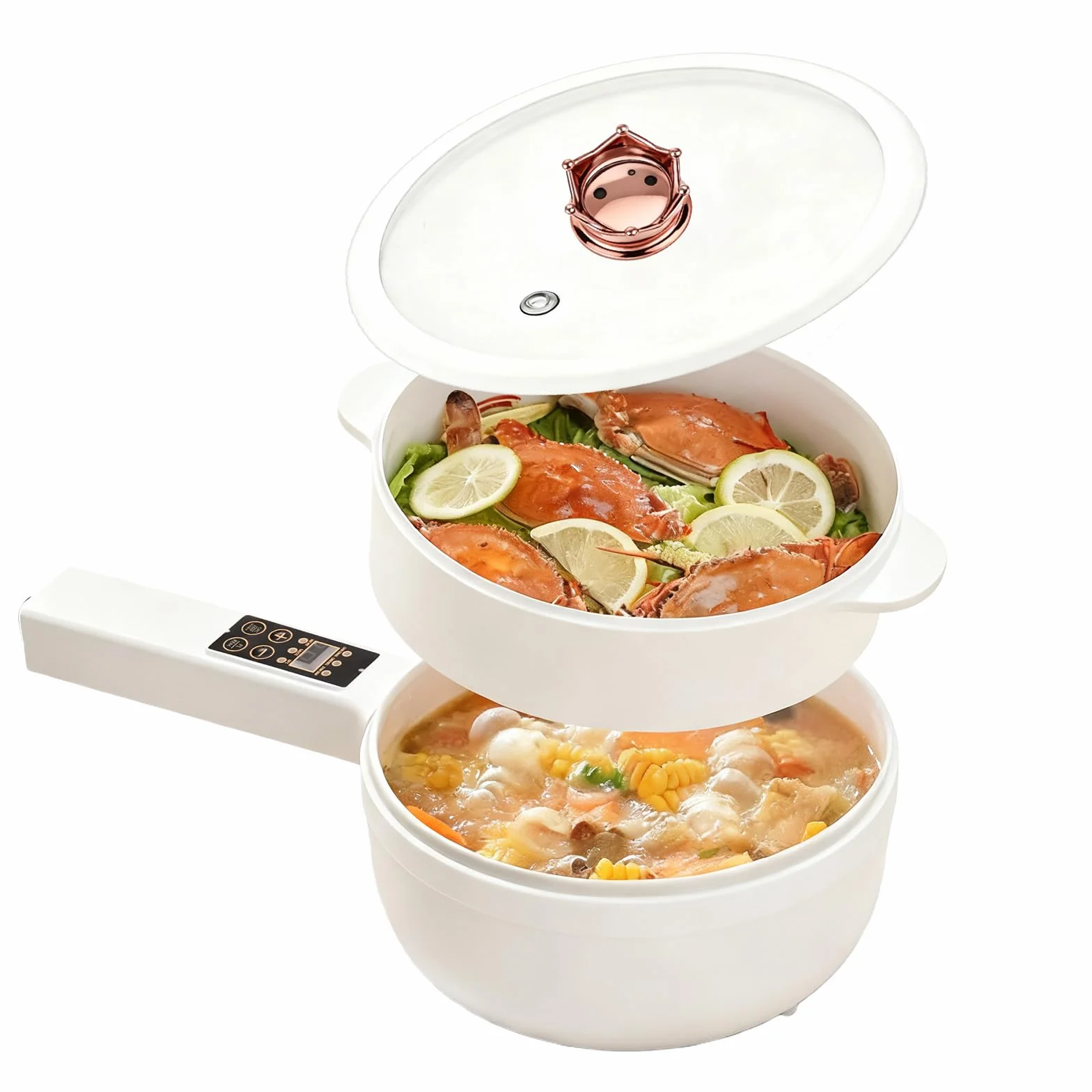 Olla eléctrica Hot Pot con vaporizador, Hot Pot eléctrico 1,6 L, mini multicocina antiadherente, mini sartén eléctrica antiadherente, función de temporizador, cocedor rápido de ramen para casa