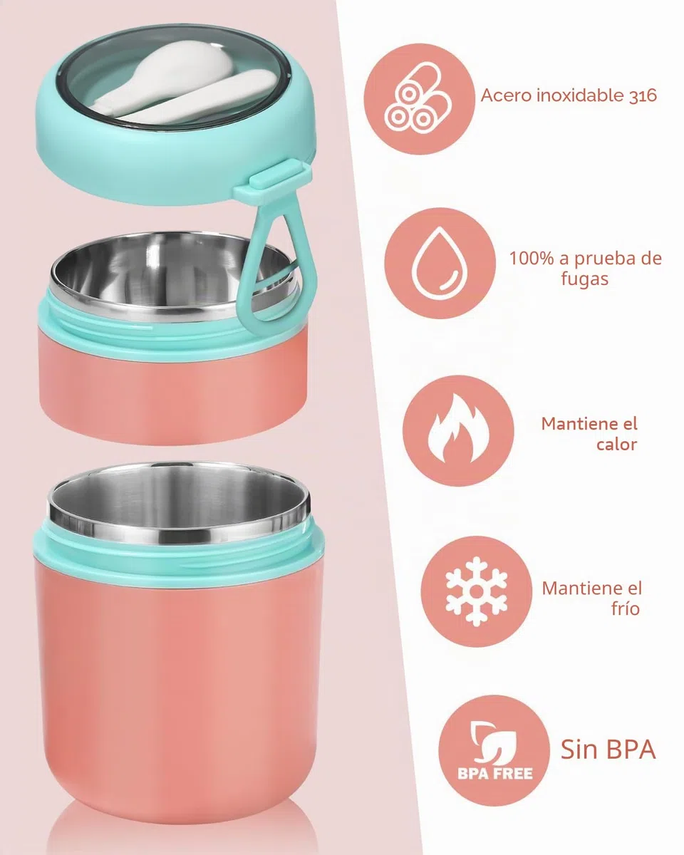 710ML Taza de Cereales y Yogurt para Llevar de Doble Capa con Cuchara,Termo para Comida de acero inoxidable,de yogur a prueba de derrames,para la escuela, oficina, viajes,Rosa green